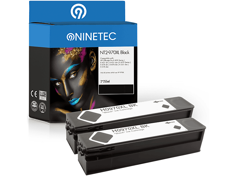 NINETEC Set 2er black AE) Tintenpatronen (CN 970XL Patronen HP 625 ersetzt
