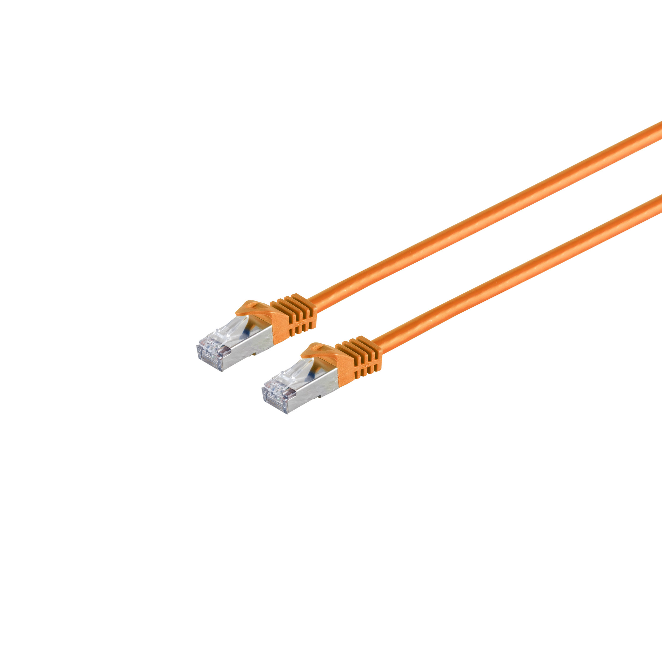 Due cavi Ethernet arancioni con connettori su sfondo bianco.