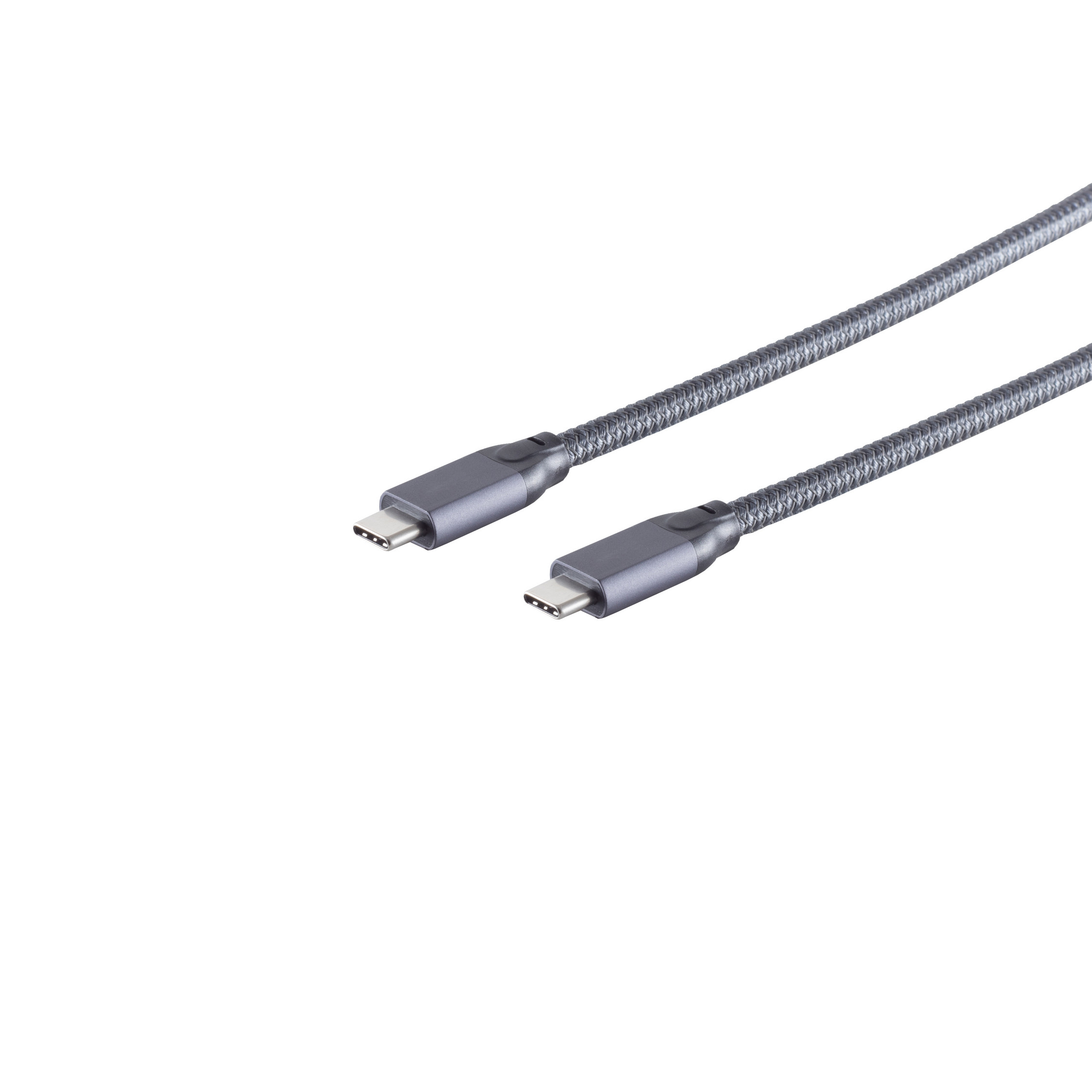 Due cavi USB-C grigi con connettori grigi su sfondo bianco.