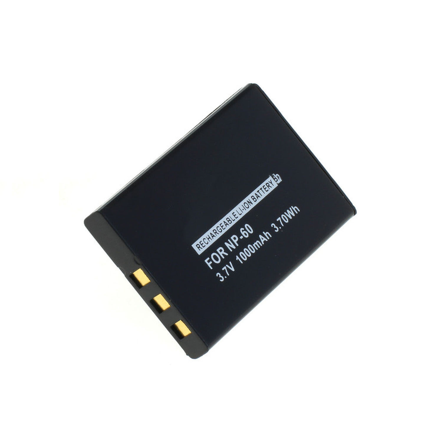 Schwarzer rechteckiger Akku mit 'Rechargeable Li-ion Battery' und Details.