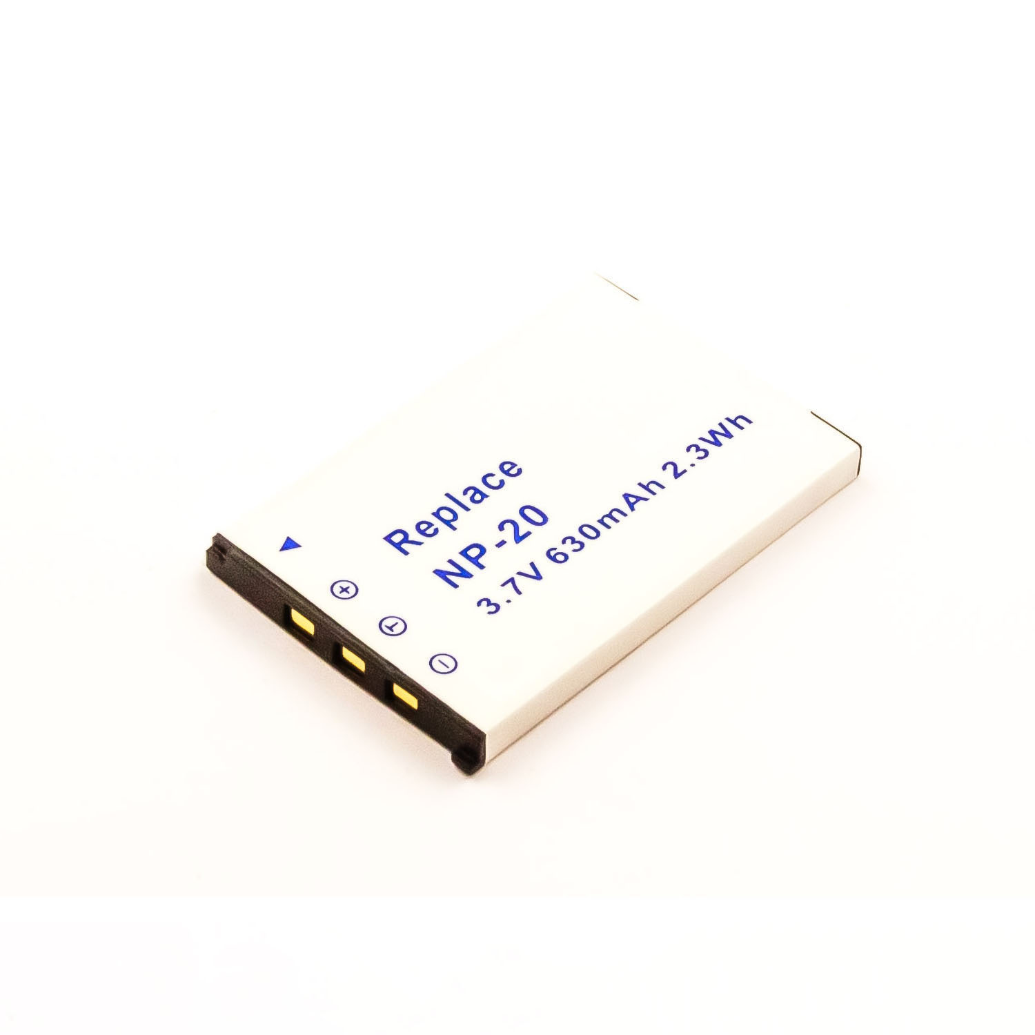 Eine weiße rechteckige Batterie mit Text, auf weißem Hintergrund.