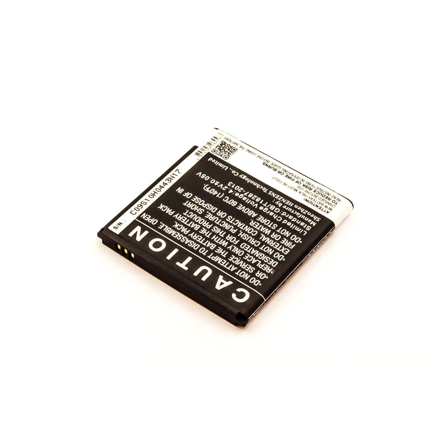 Eine kleine schwarze Batterie mit Vorsichtsetiketten, auf weißem Hintergrund, Schrägaufnahme.