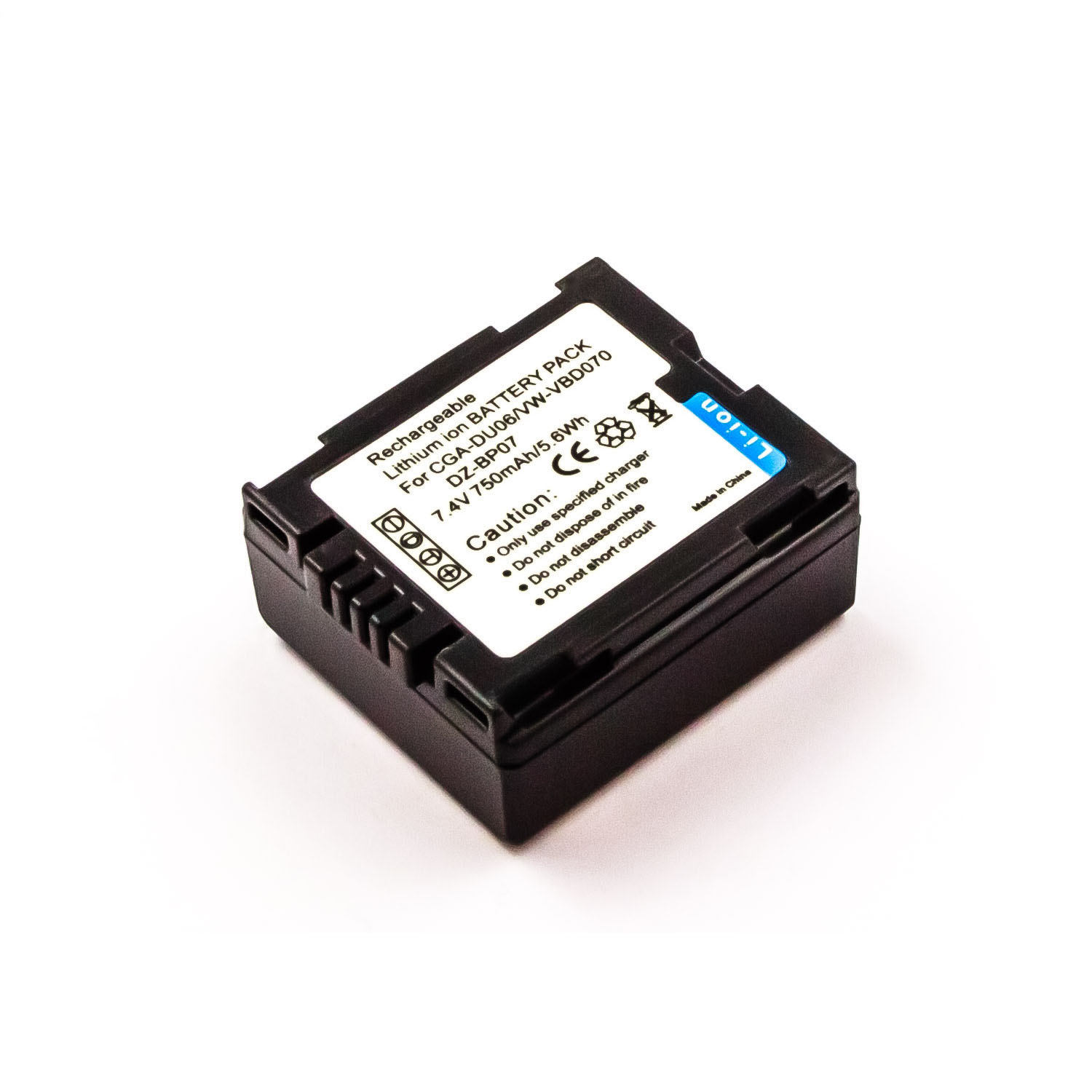 Schwarzes Batteriepack mit Etikett und Anschlüssen. Weißer Hintergrund.