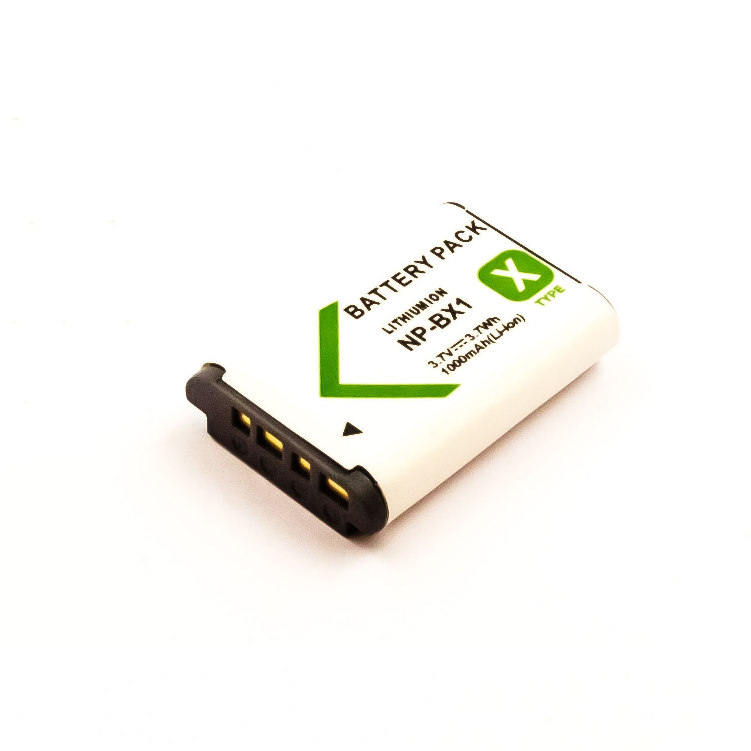 Weißer Akku mit grünem Text. Es steht 'Battery Pack' und 'Lithium NP-BX1' darauf.
