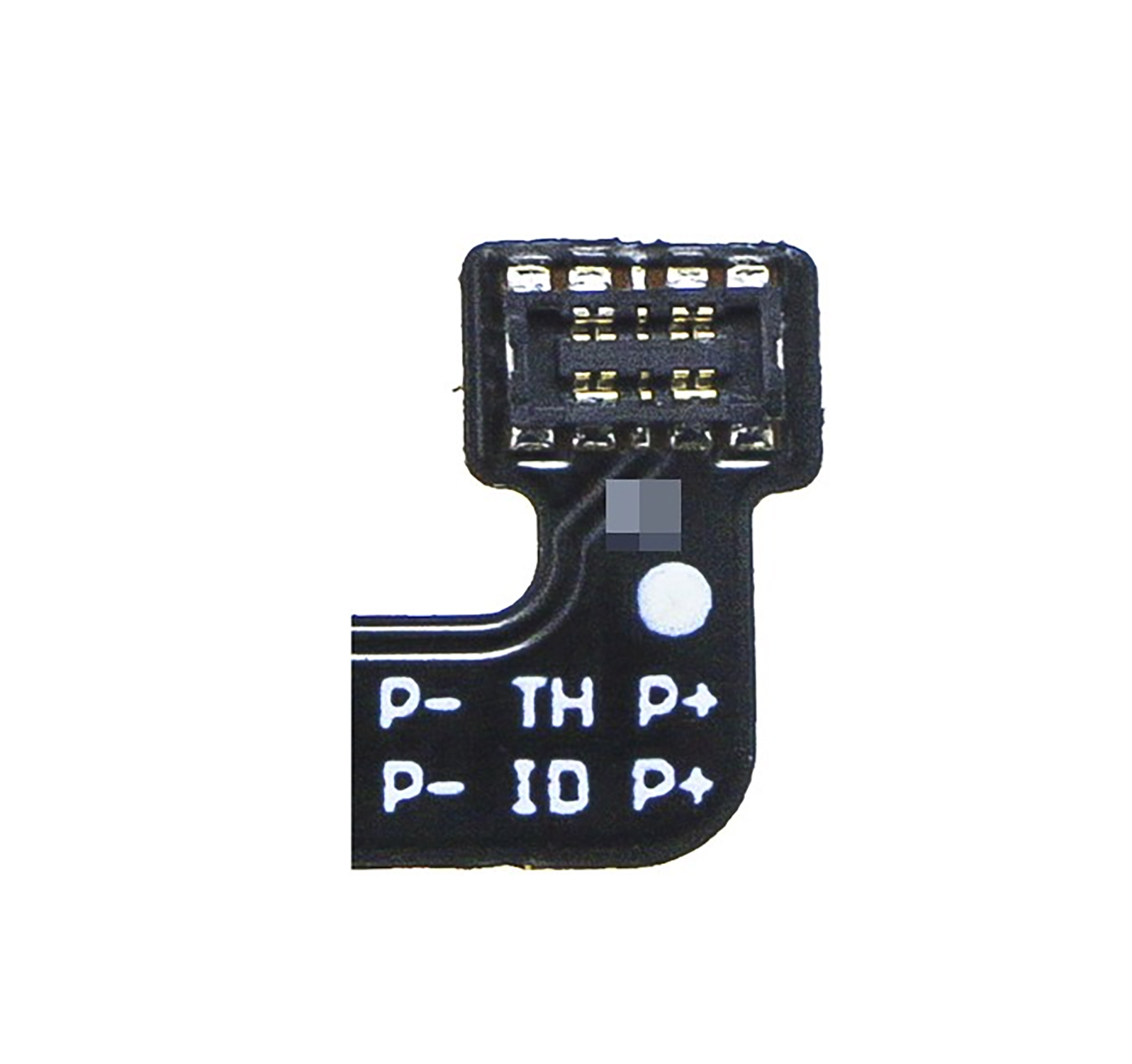 Schwarzer Leiterplattenstecker mit Beschriftung: P-, TH P+, P-, ID P+, P+.