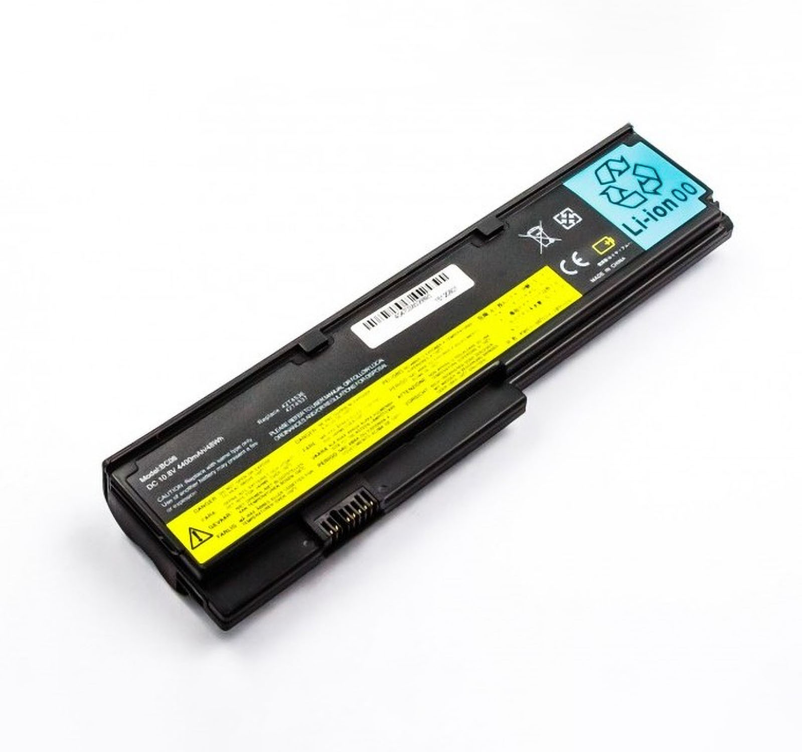Schwarzer Laptop-Akku. Text: DC 10,8 V 4400 mAh. Gelbes Warnschild, Li-Ion-Logo. Weißer Hintergrund.