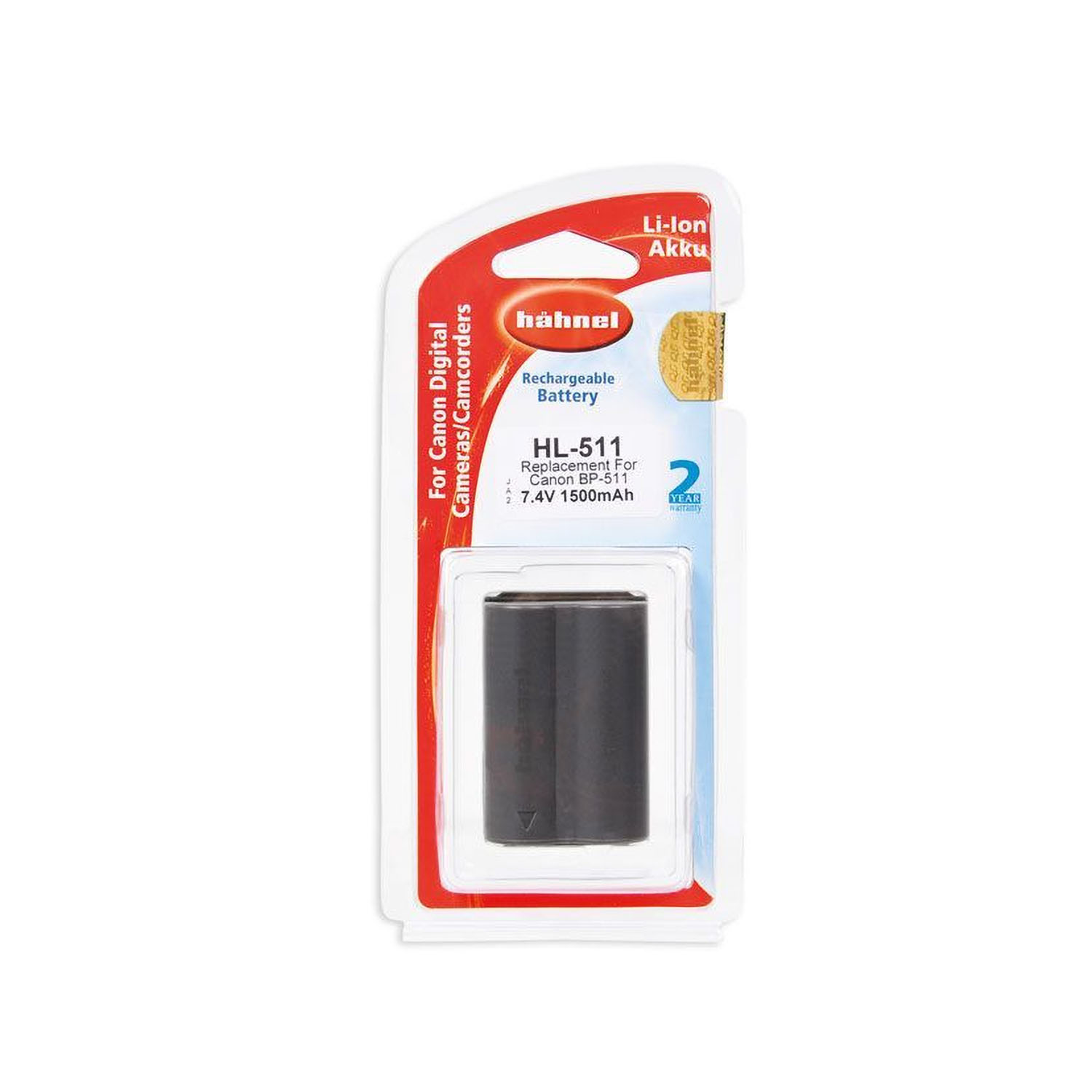 Ein schwarzer Akku in einer Plastikverpackung. Text: HL-511, Ersatz für Canon.