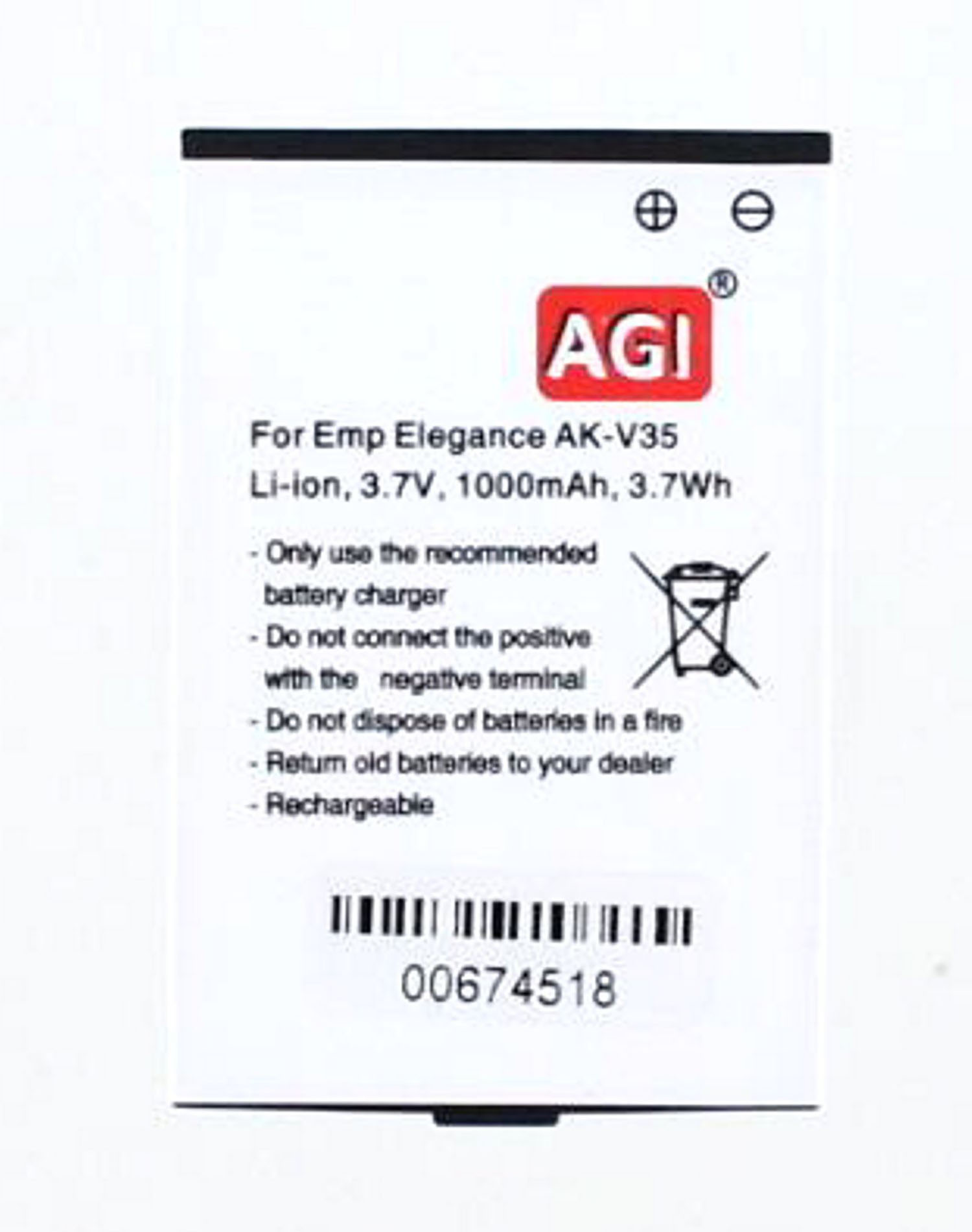 AGI Akku kompatibel mit Plus Li-Ion 3.7 1000 mAh Emporia AK-V35|V36|V37|Elegance Handy-/Smartphoneakku, Volt, Li-Ion