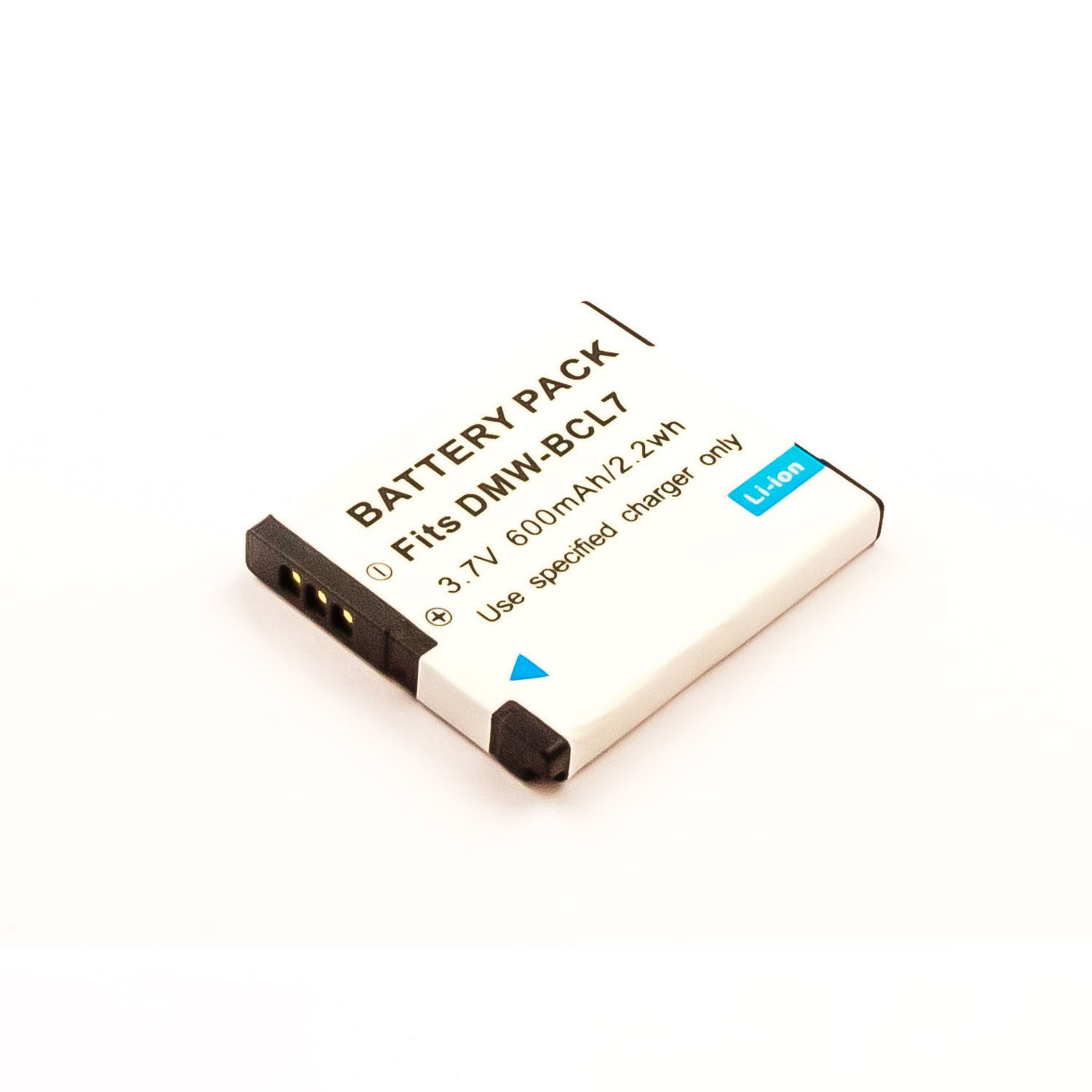 Weißes Akkupack mit schwarzen Akzenten. Text: Akkupack, 3,7 V 600 mAh. Blauer Li-Ionen-Aufkleber. Weißer Hintergrund.