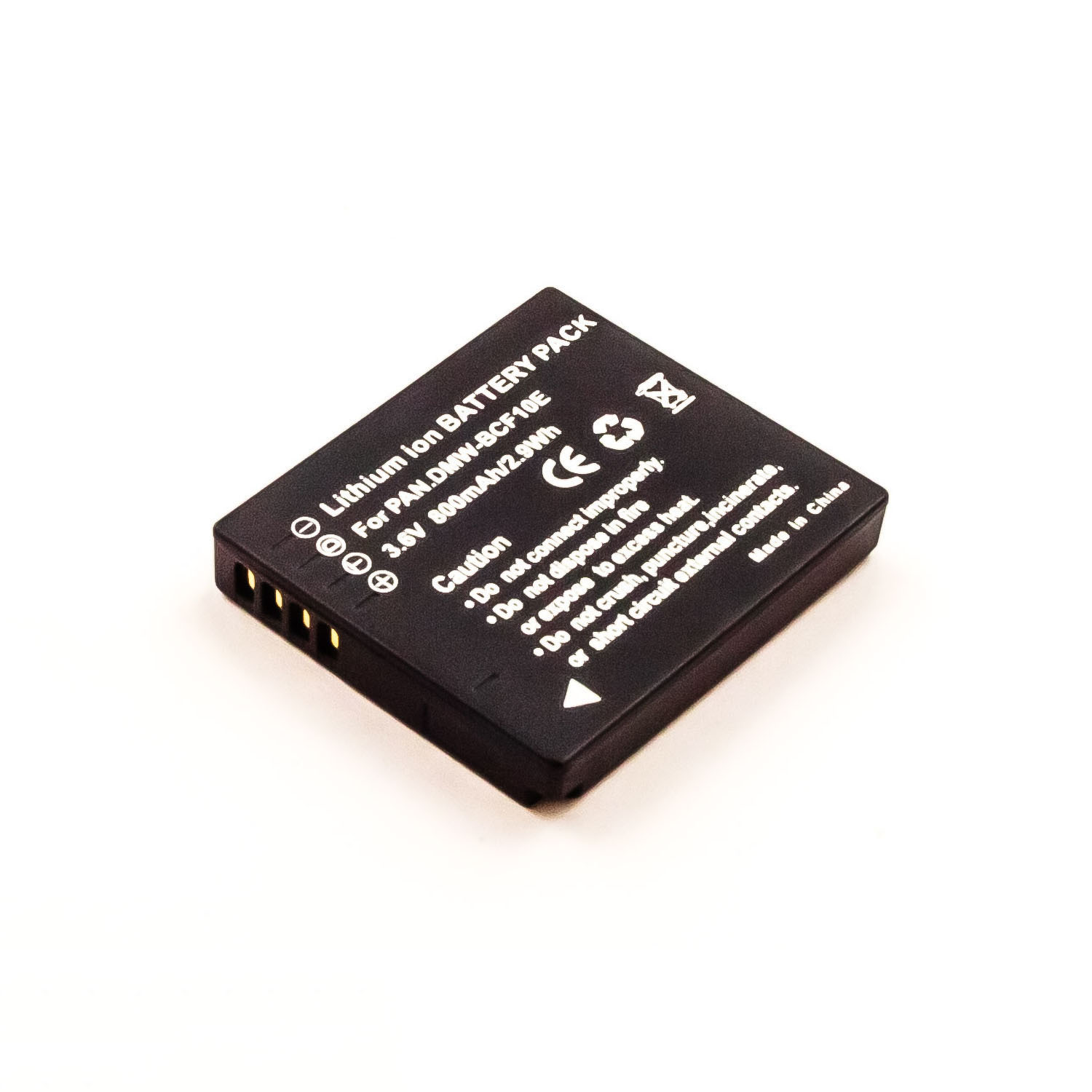 Ein kleiner, schwarzer Akku mit Text und Symbolen. Der Text lautet 'Lithium Ion Battery Pack' und '3.6V 800mAh'.