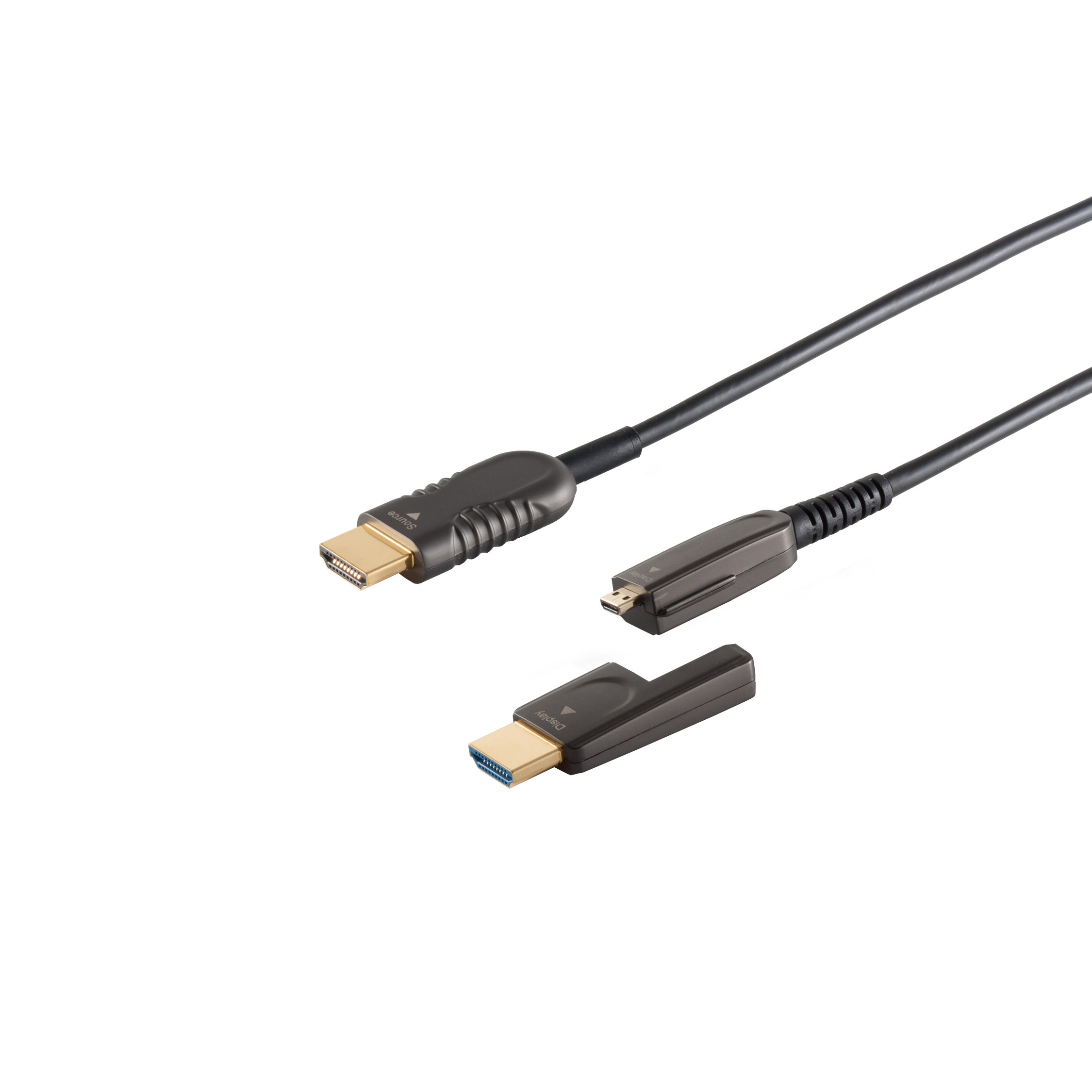 Schwarze HDMI-Kabel mit verschiedenen Anschlüssen auf weißem Hintergrund.