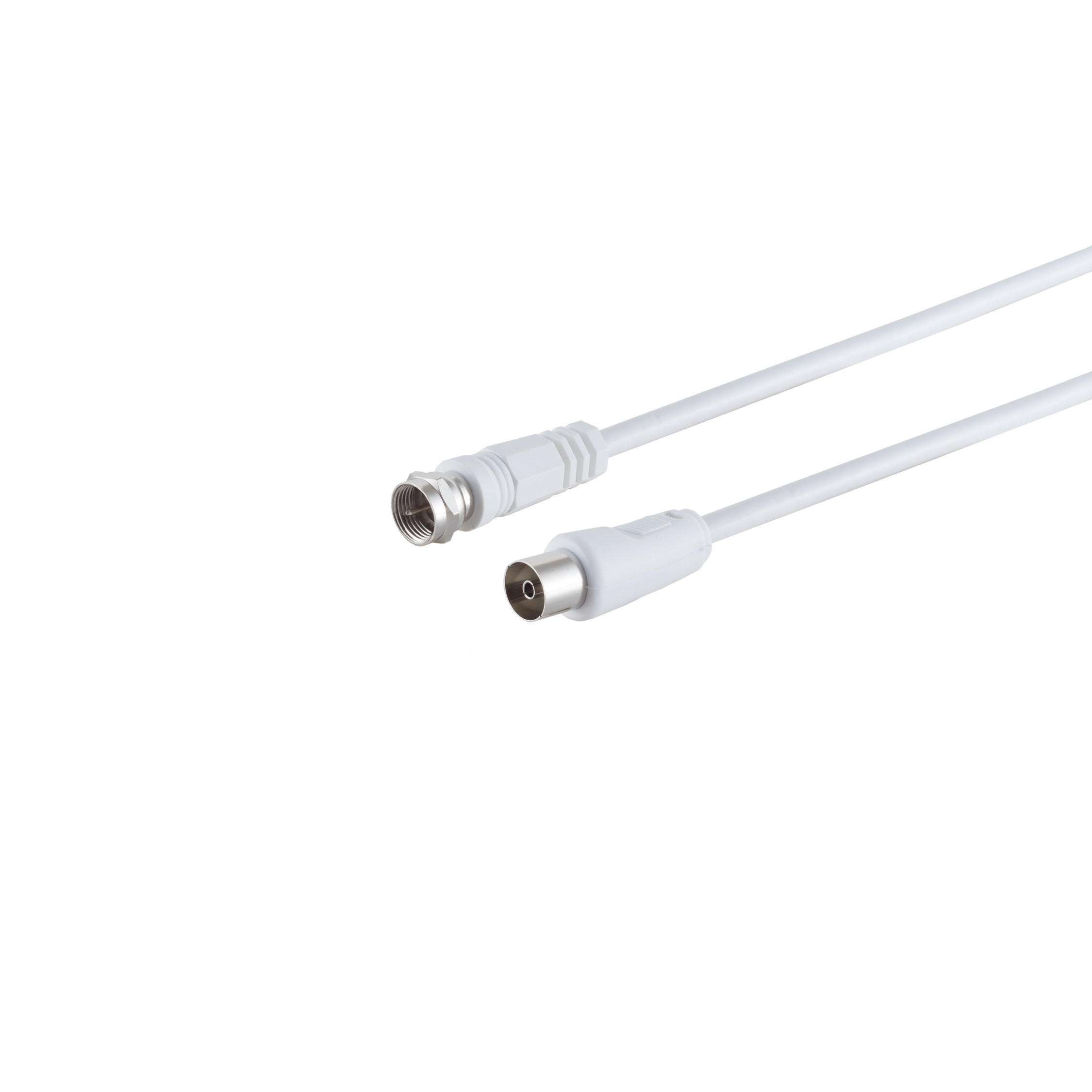 Weißes Koaxialkabel mit Steckern, eines abgewinkelt, vor weißem Hintergrund. Das Kabel ist gerade.