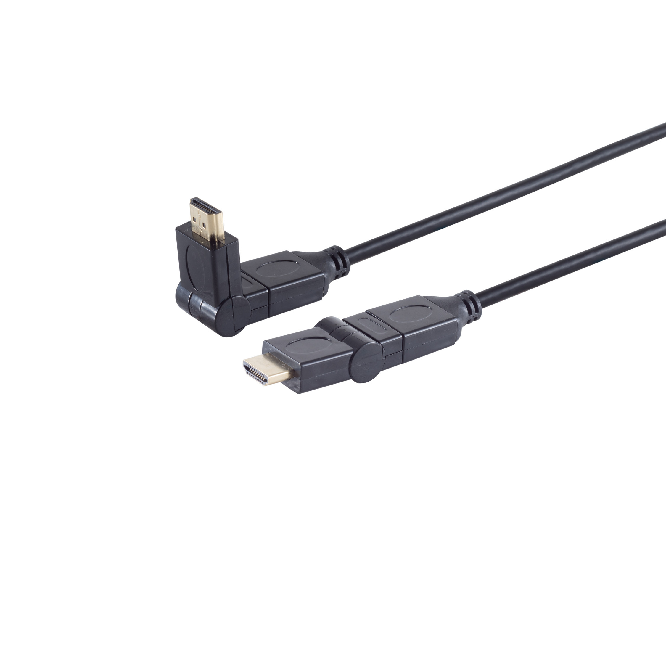 Schwarzes HDMI-Kabel mit zwei schwarzen Steckern, einer abgewinkelt. Weißer Hintergrund.
