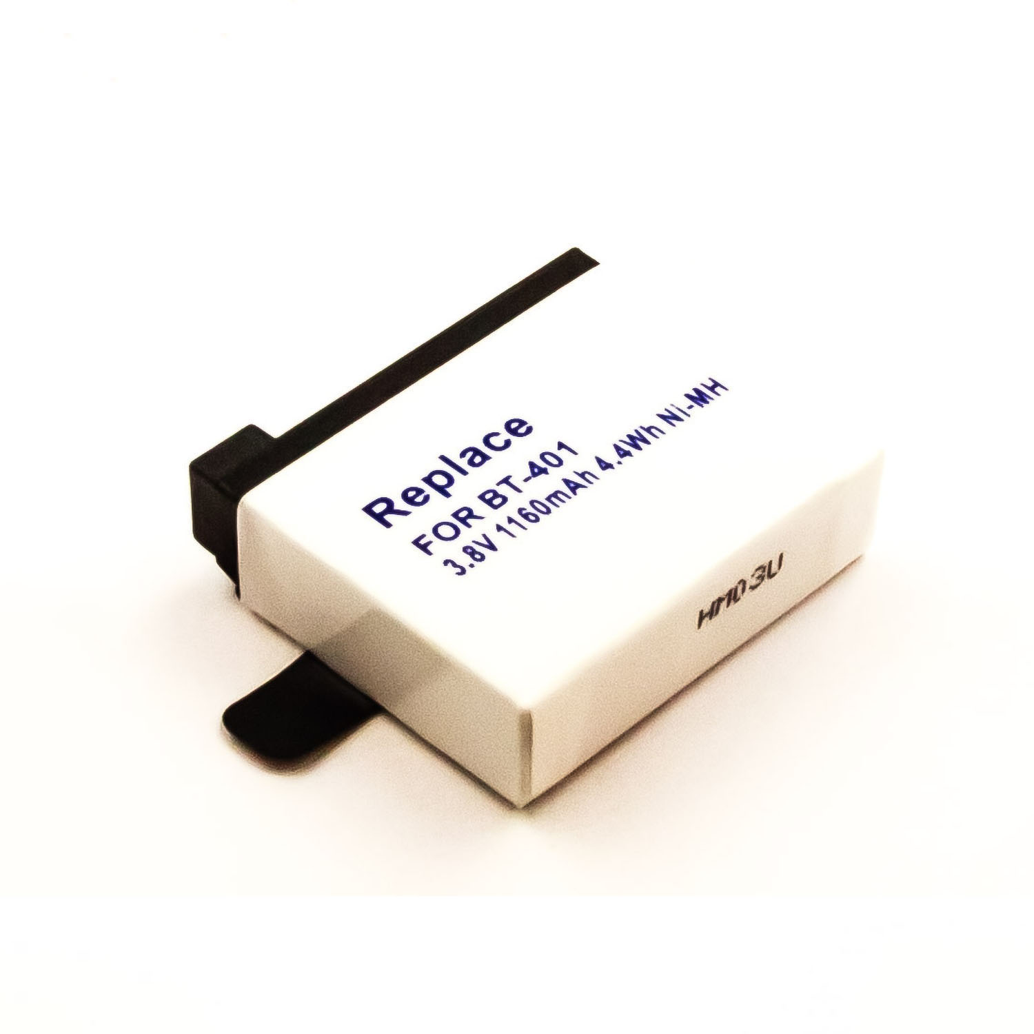 Weiße Batterie mit schwarzen Kanten. Sie hat das Wort 'Replace' und Text in Blau. Weißer Hintergrund.