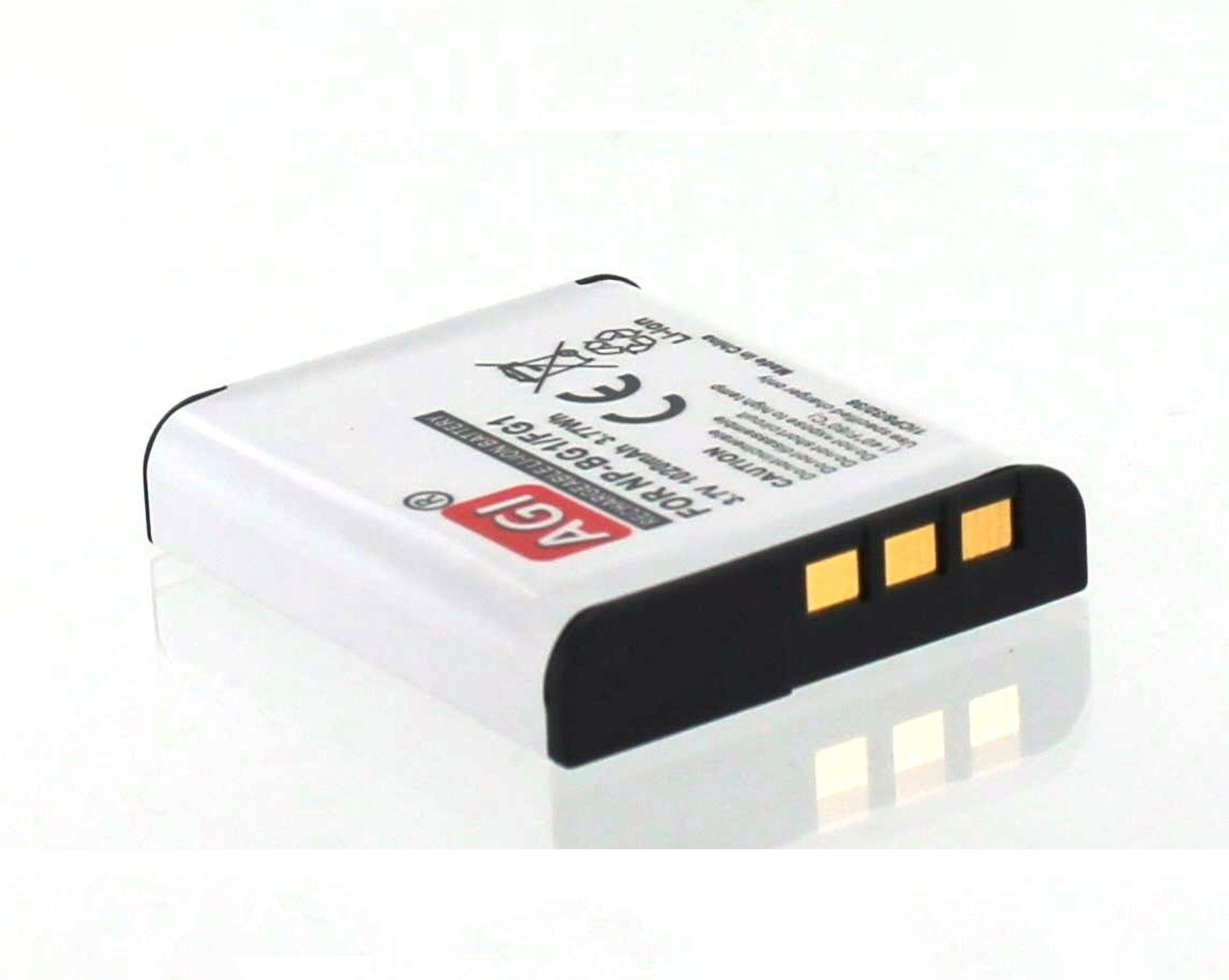 Weiße, rechteckige Batterie mit Text. Weißer Hintergrund. Enthält Warnhinweise und Produktinformationen.