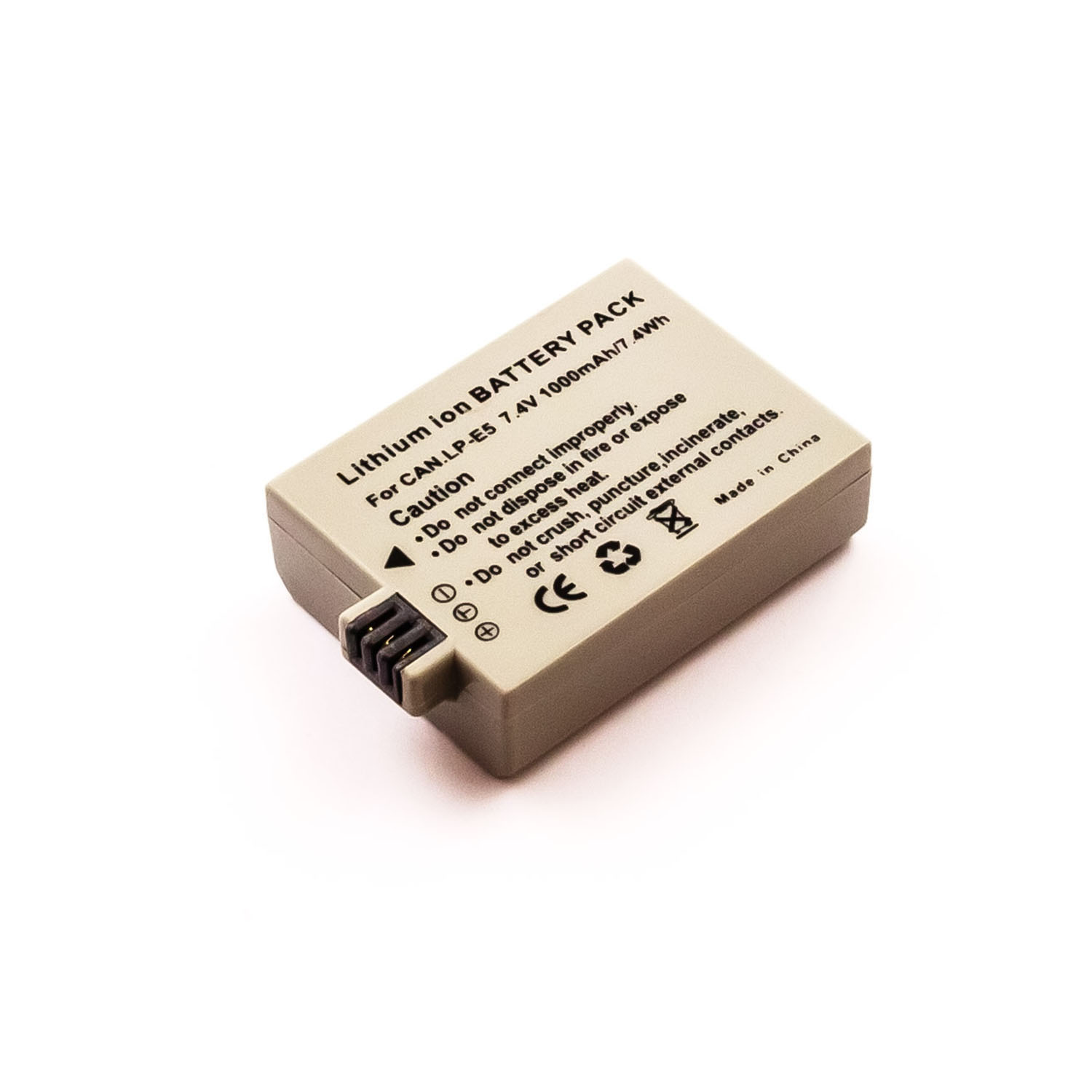 Beige rechteckiger Akku mit schwarzem Stecker, beschriftet, auf Weiß. Es hat ein graues Gehäuse.
