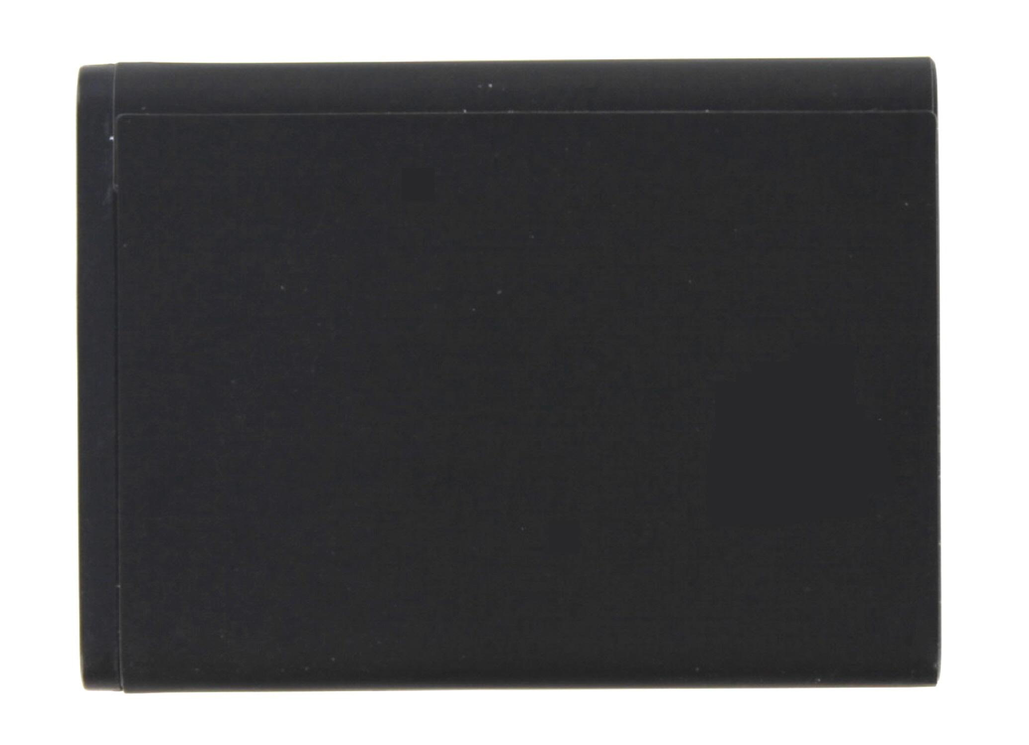 Eine schwarze Batterie. Die Batterie ist rechteckig und hat eine glatte Oberfläche.