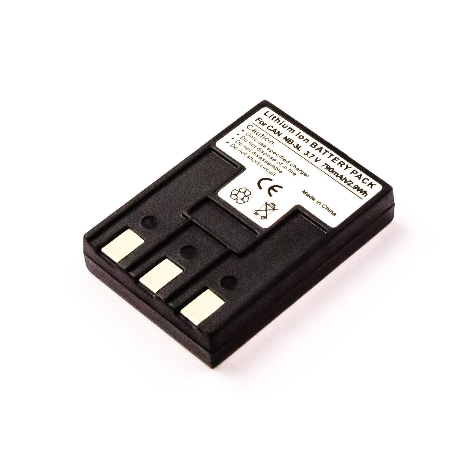 Schwarze Batterie auf weißem Hintergrund. Es hat ein Etikett mit Text. Hergestellt in China.