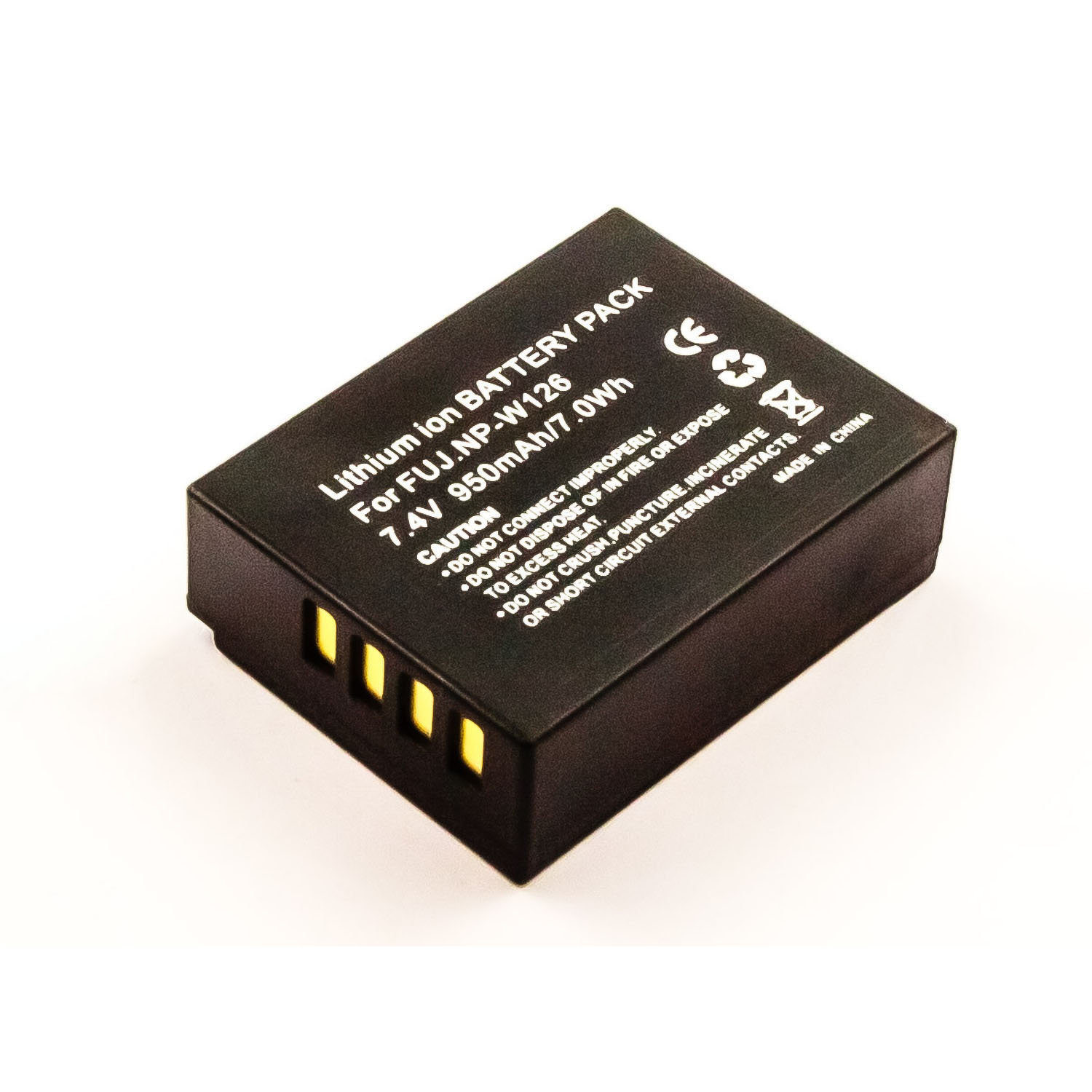 Schwarzes Batteriepack mit Text und Warnhinweisen auf weißem Hintergrund. Goldene Anschlüsse sichtbar.