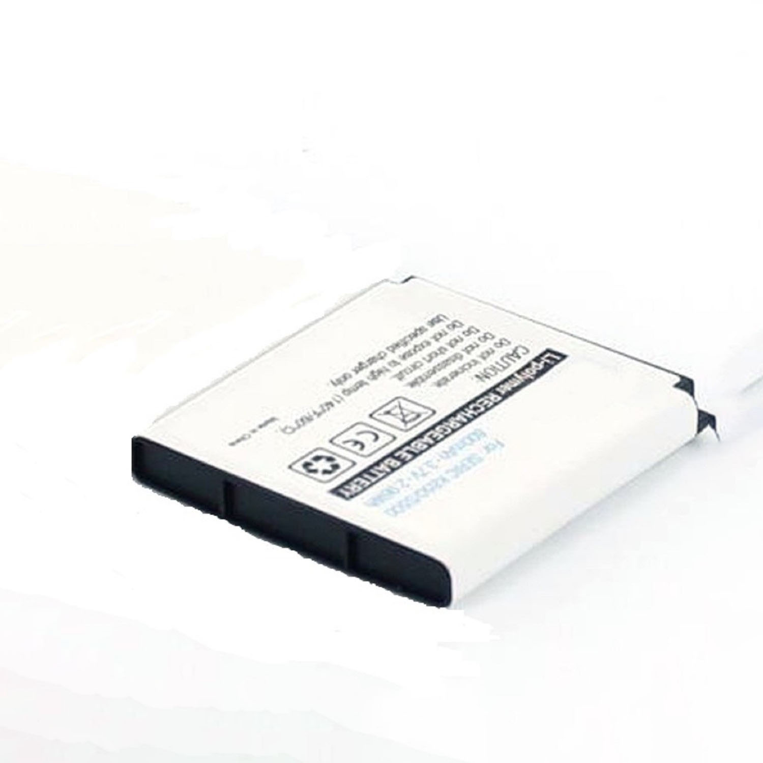 Weiß-schwarze Batterie mit Text und Symbolen. Weißer Hintergrund.