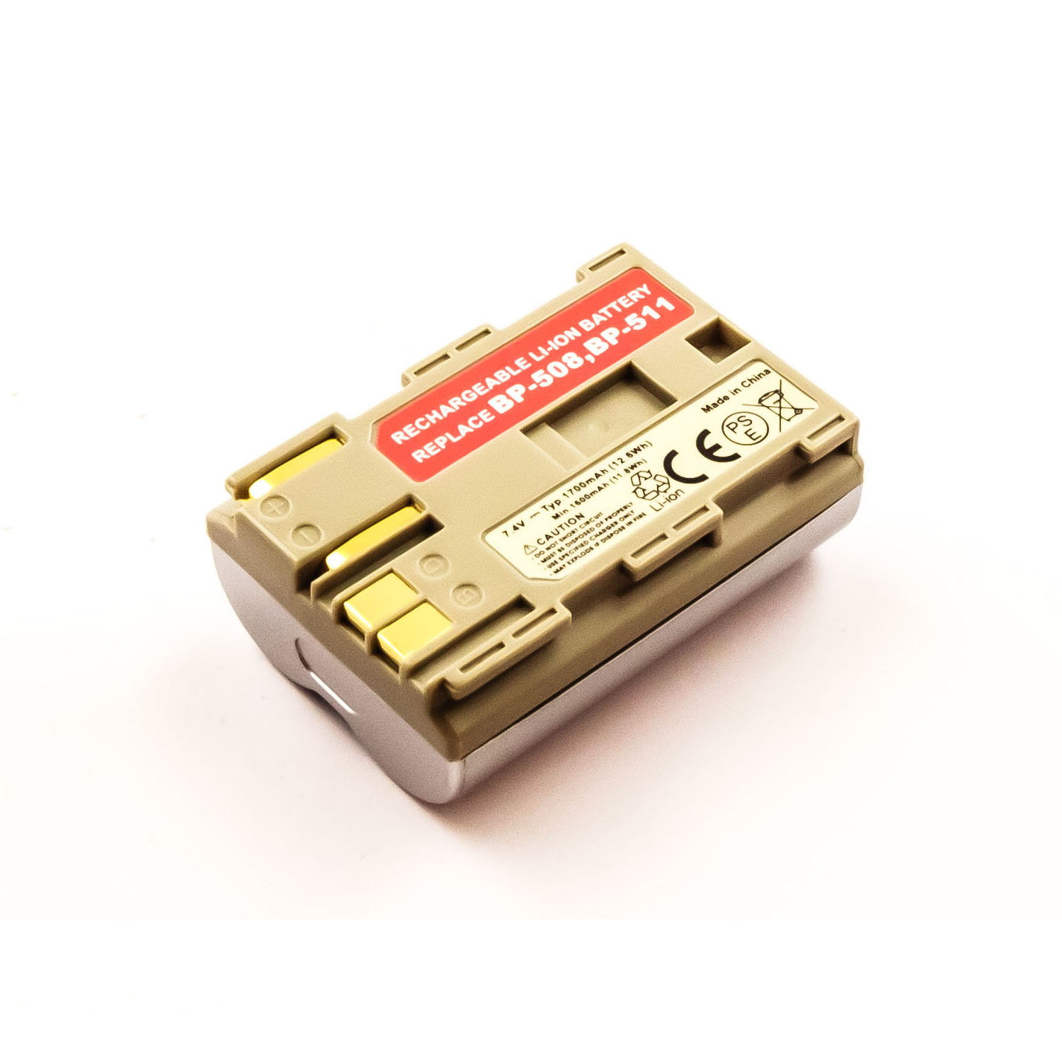Beige und schwarze Batterie auf weißem Hintergrund. Es hat ein Etikett mit Text. Hergestellt in China.