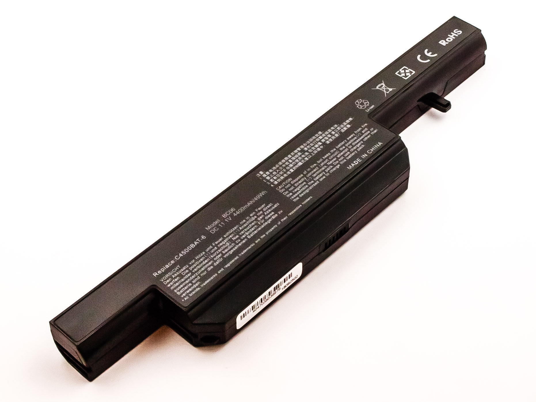 Eine schwarze Laptop-Batterie mit Text auf weißem Hintergrund.
