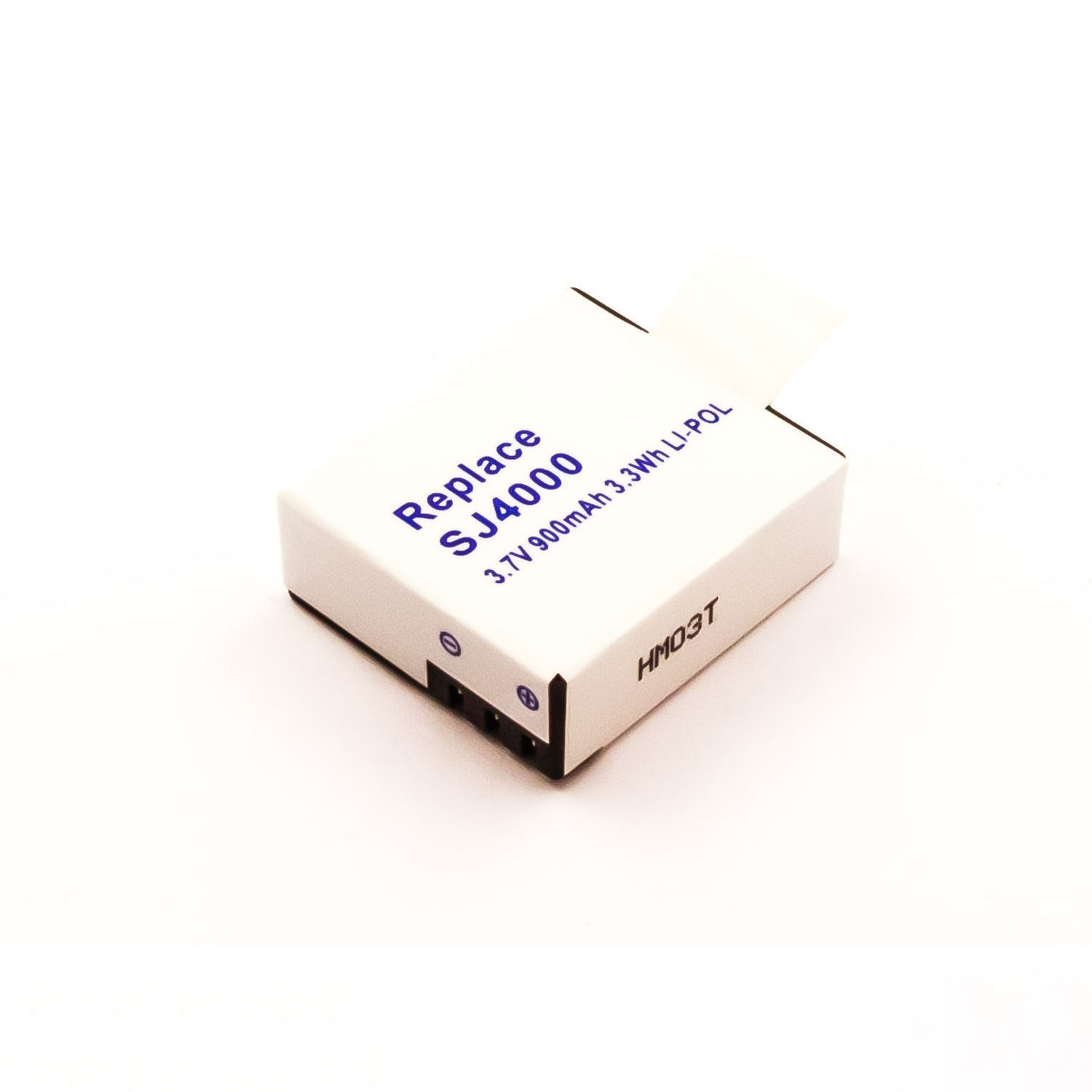 Weißer Akku mit schwarzen Akzenten. Text: Ersetze SJ4000, 3,7 V 900 mAh. Weißer Hintergrund.