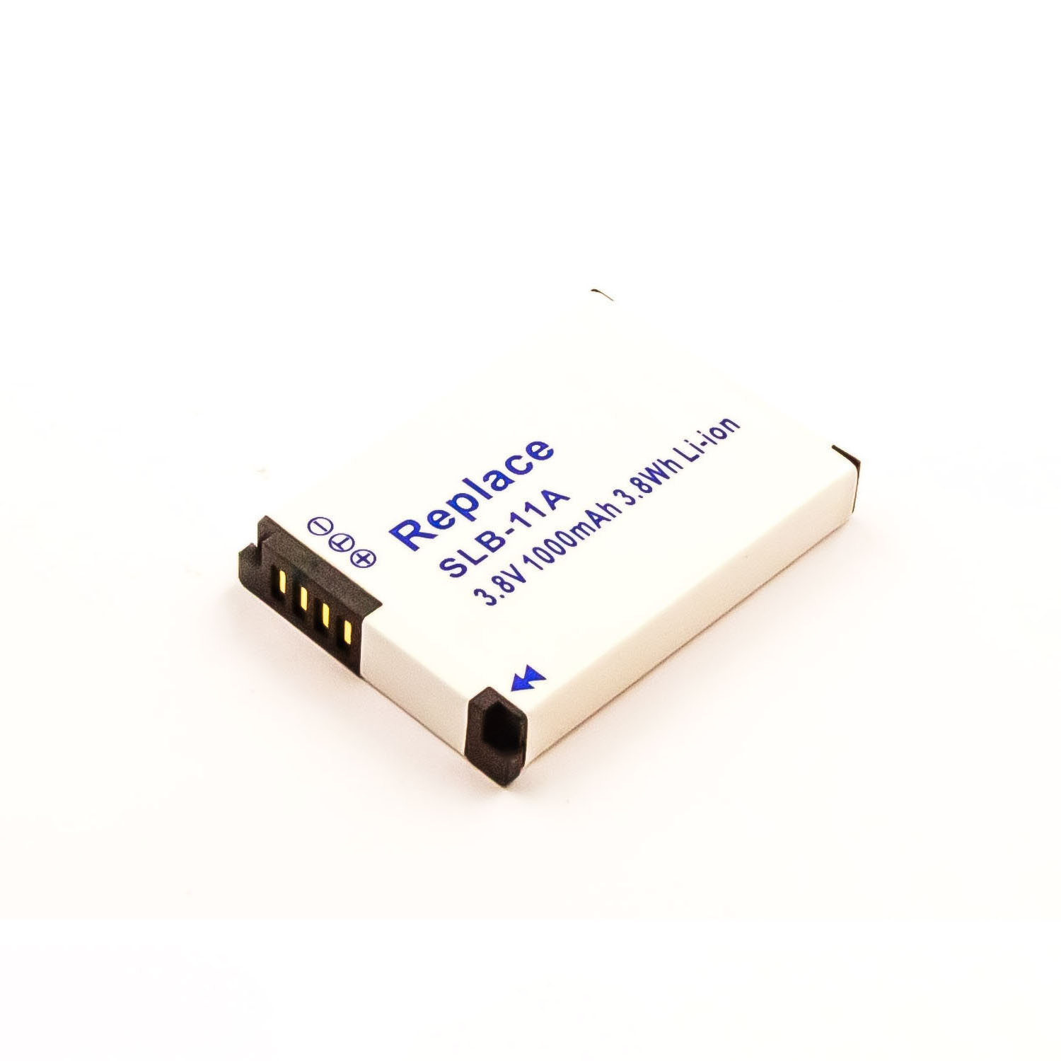 Eine weiß-schwarze Batterie mit Text, dem Wort 'Replace' und einem schwarzen Anschluss.
