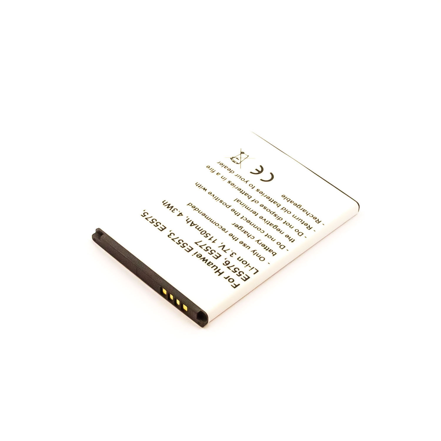 Eine weiße Batterie mit schwarzen Rändern und Text. Sie hat goldene Anschlüsse.