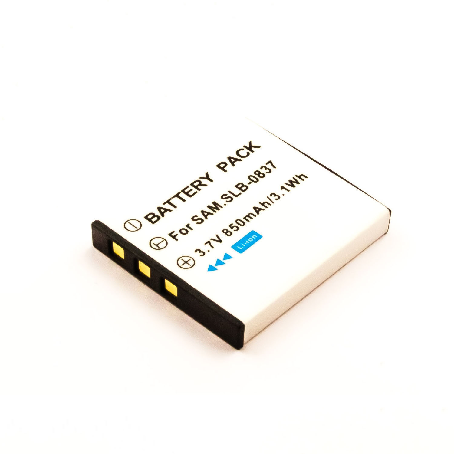 Weißes Akkupack mit schwarzen Akzenten. Text: 3,7 V 850 mAh. Blauer Li-Ionen-Aufkleber. Weißer Hintergrund.