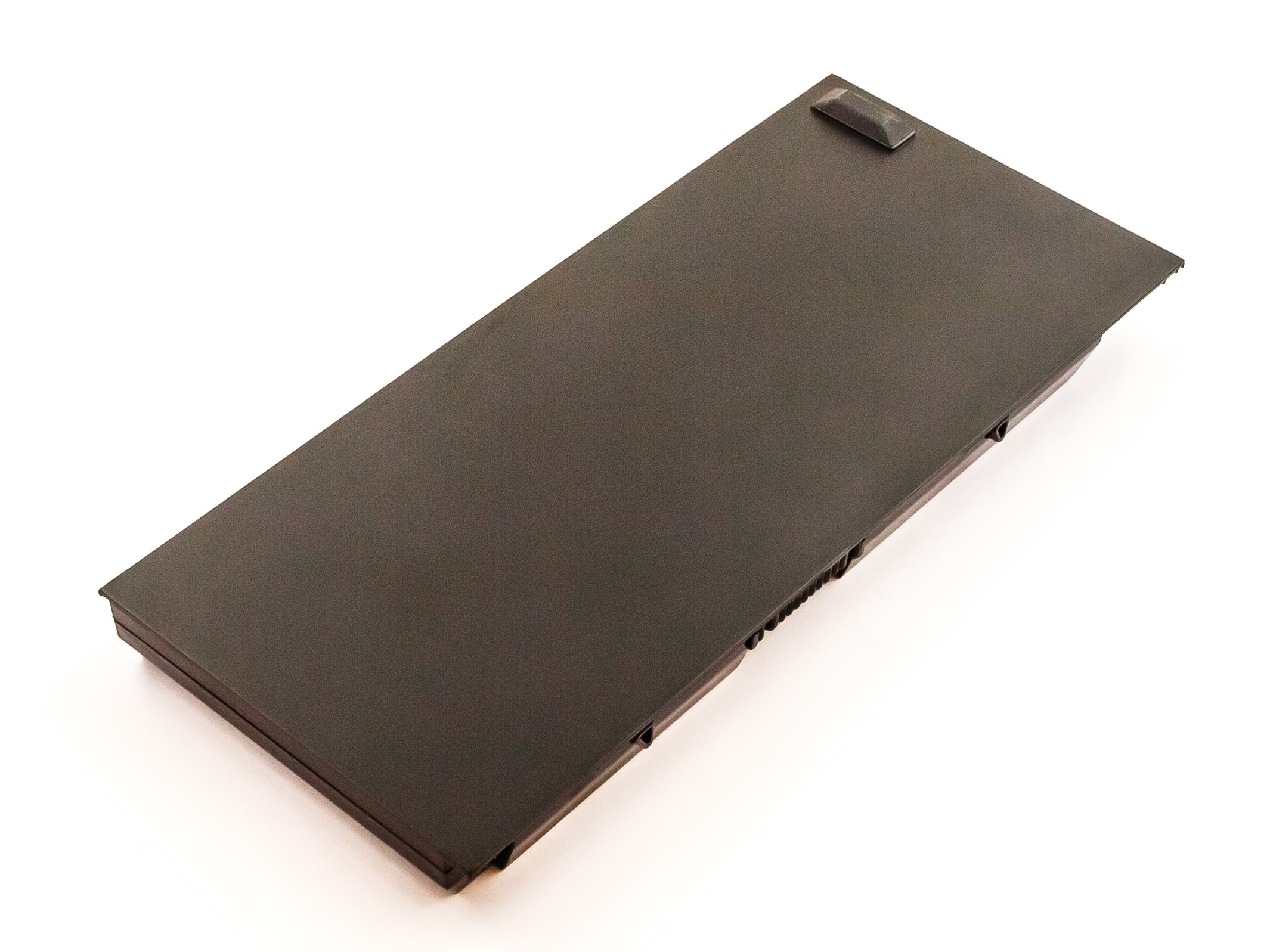 Dunkel gefärbte Laptop-Batterie mit rechteckiger Form auf weißem Hintergrund.