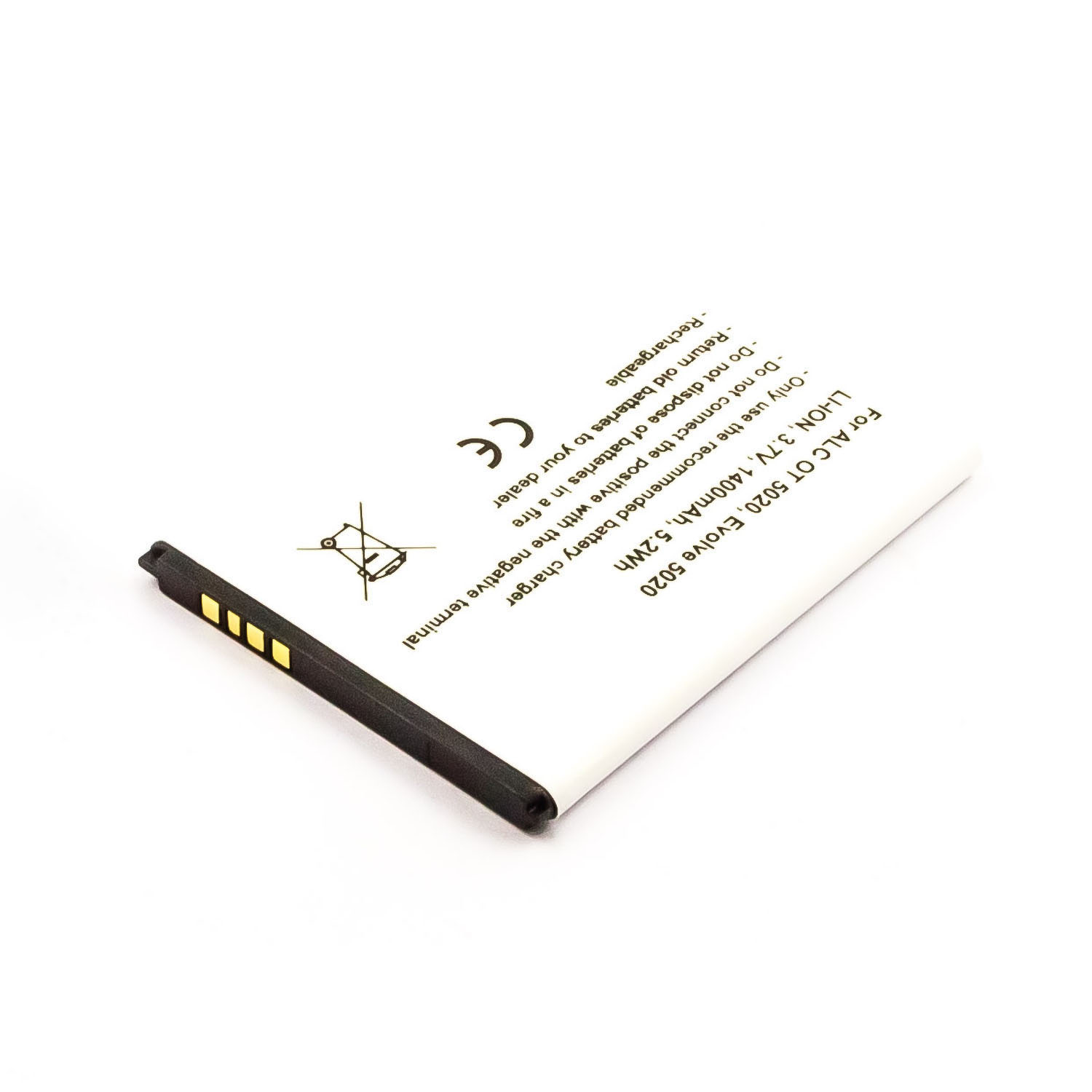 Weiße rechteckige Batterie mit Text und Symbolen. Schwarzer Rand. Weißer Hintergrund. Warnhinweise und Symbole sind sichtbar.