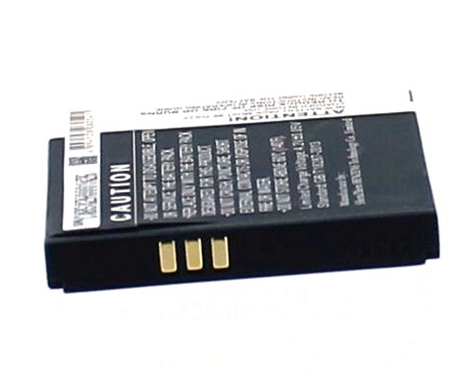 Eine schwarze rechteckige Batterie mit Textetiketten und drei goldenen Kontaktpunkten. Weißer Hintergrund.