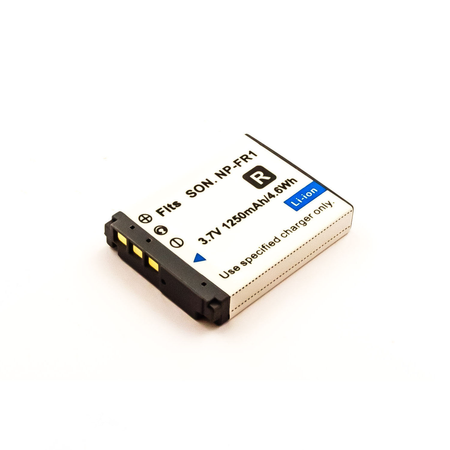 Eine weiße Batterie mit schwarzen Details, Text und einem blauen 'Li-ion'-Etikett. Sie liegt auf weißem Untergrund.