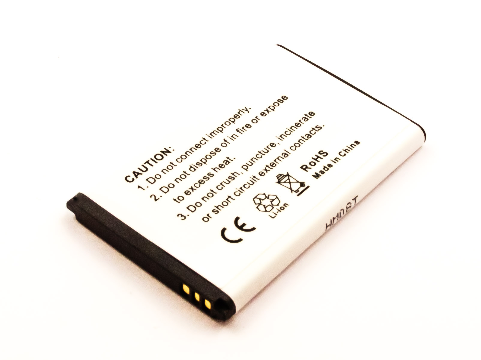 Weiße Telefonbatterie mit Vorsichtstext und Sicherheitssymbolen auf weißem Untergrund.