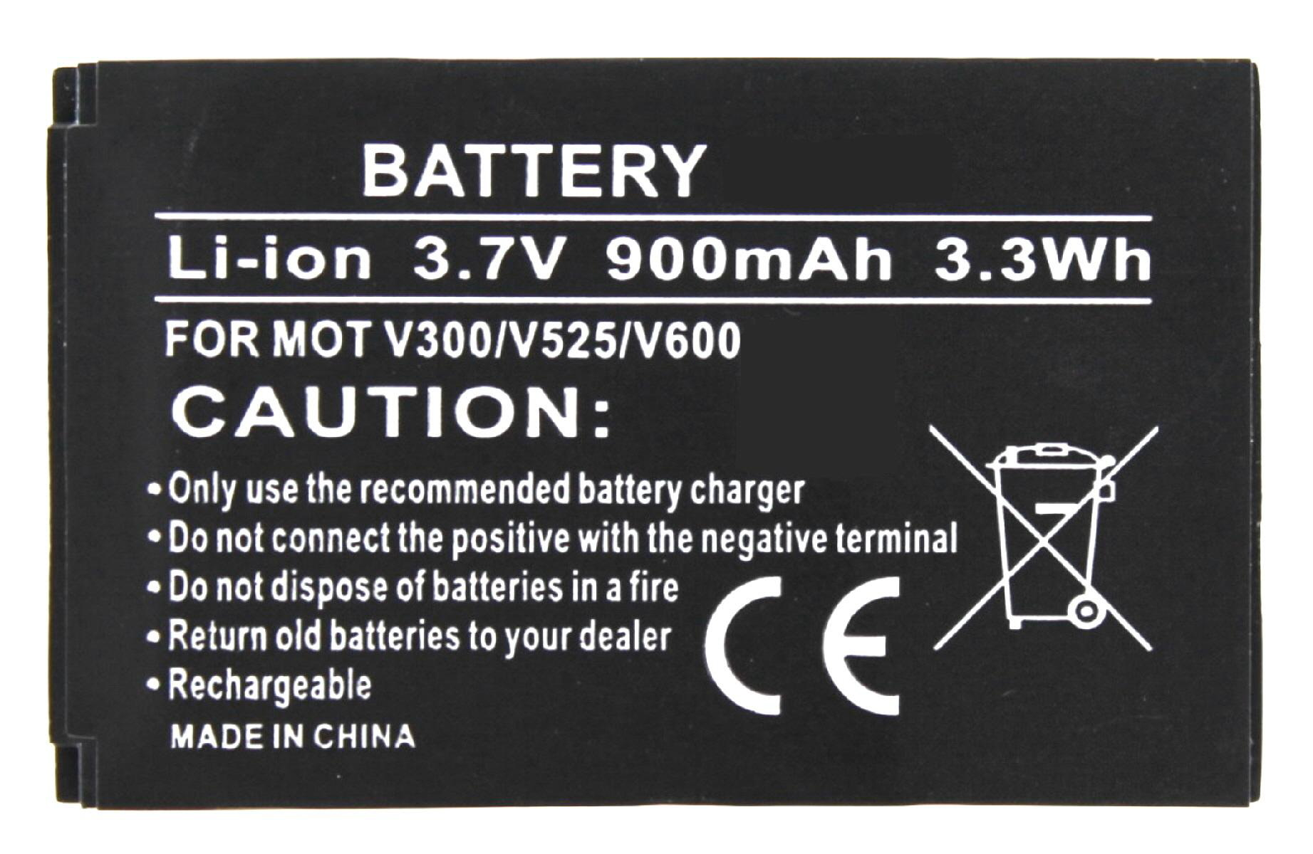 Schwarze Li-Ionen 3,7V 900mAh Batterie mit Text und Recycling-Symbol.