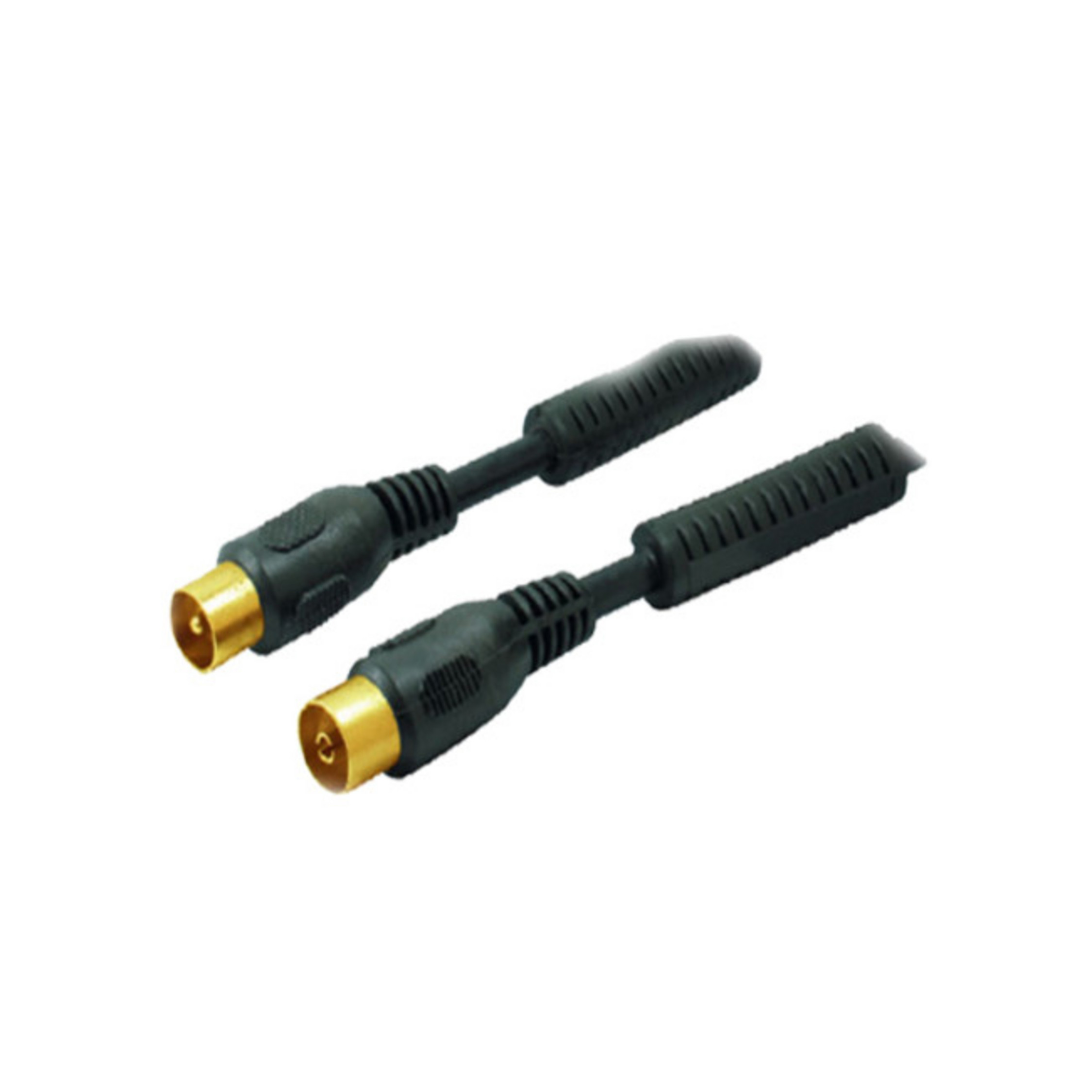 Zwei schwarze Koaxialkabel mit goldfarbenen Steckern. Sie liegen auf einer weißen Oberfläche in die gleiche Richtung.