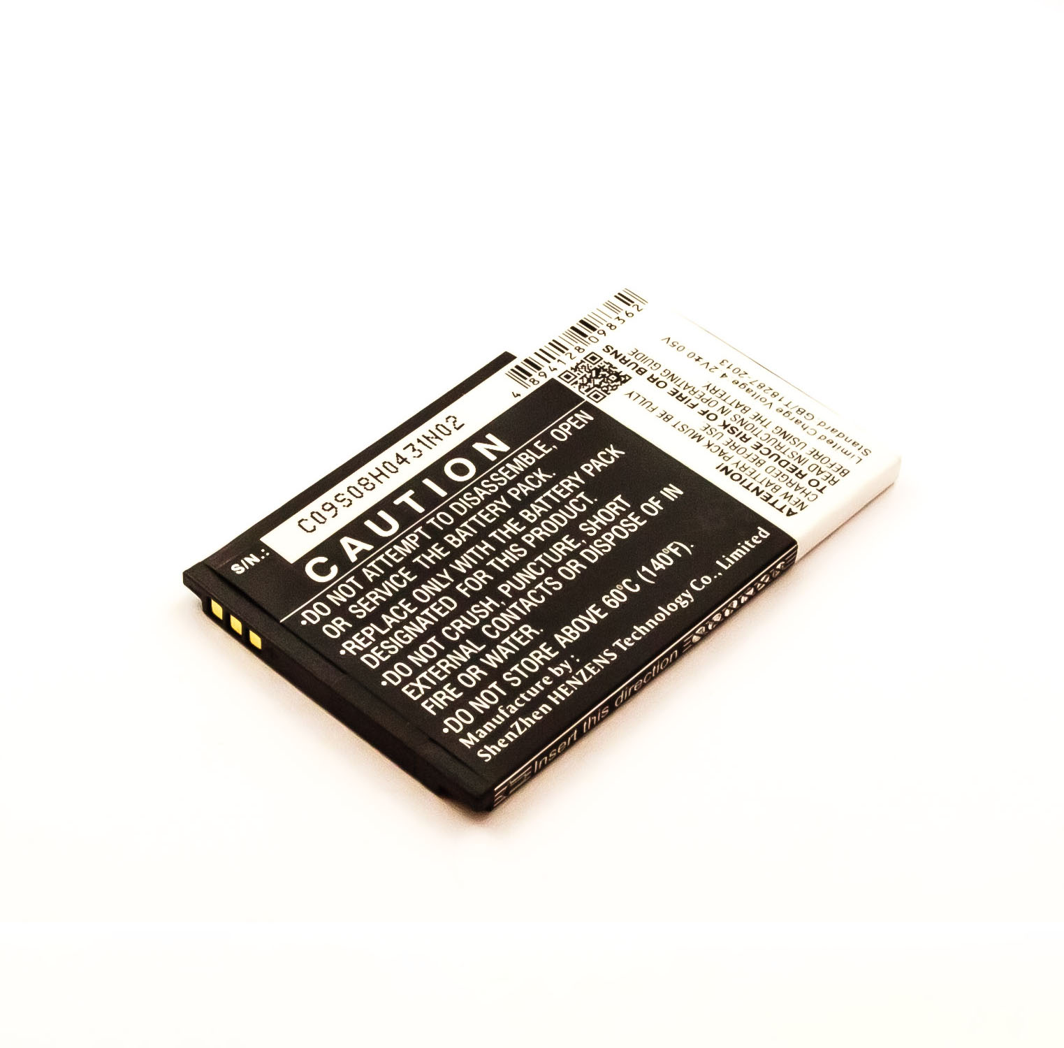 Eine weiße Batterie mit Text und Warnhinweisen auf weißem Grund.