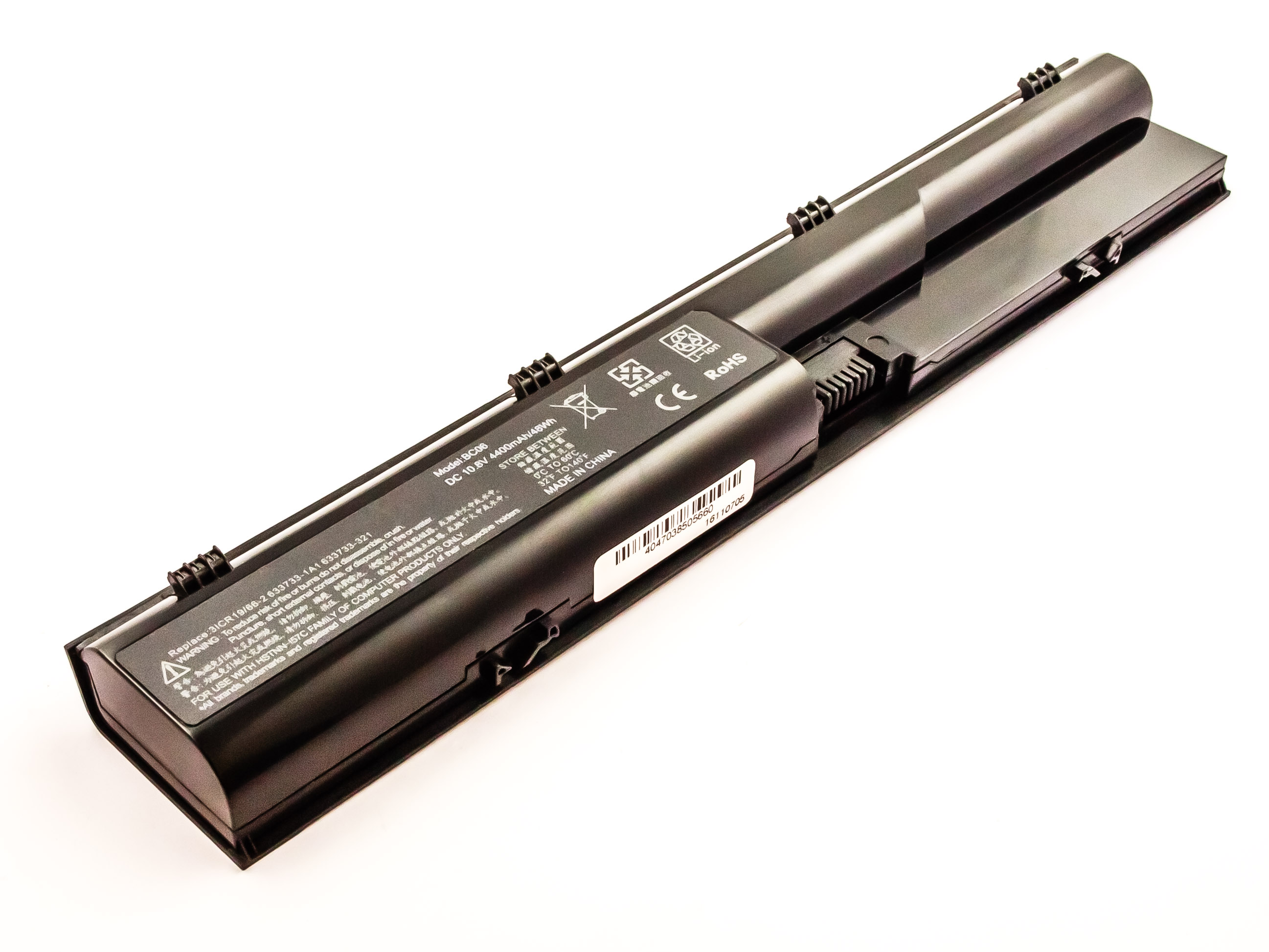 Lange, schwarze Laptop-Batterie mit Textetiketten auf weißem Hintergrund.