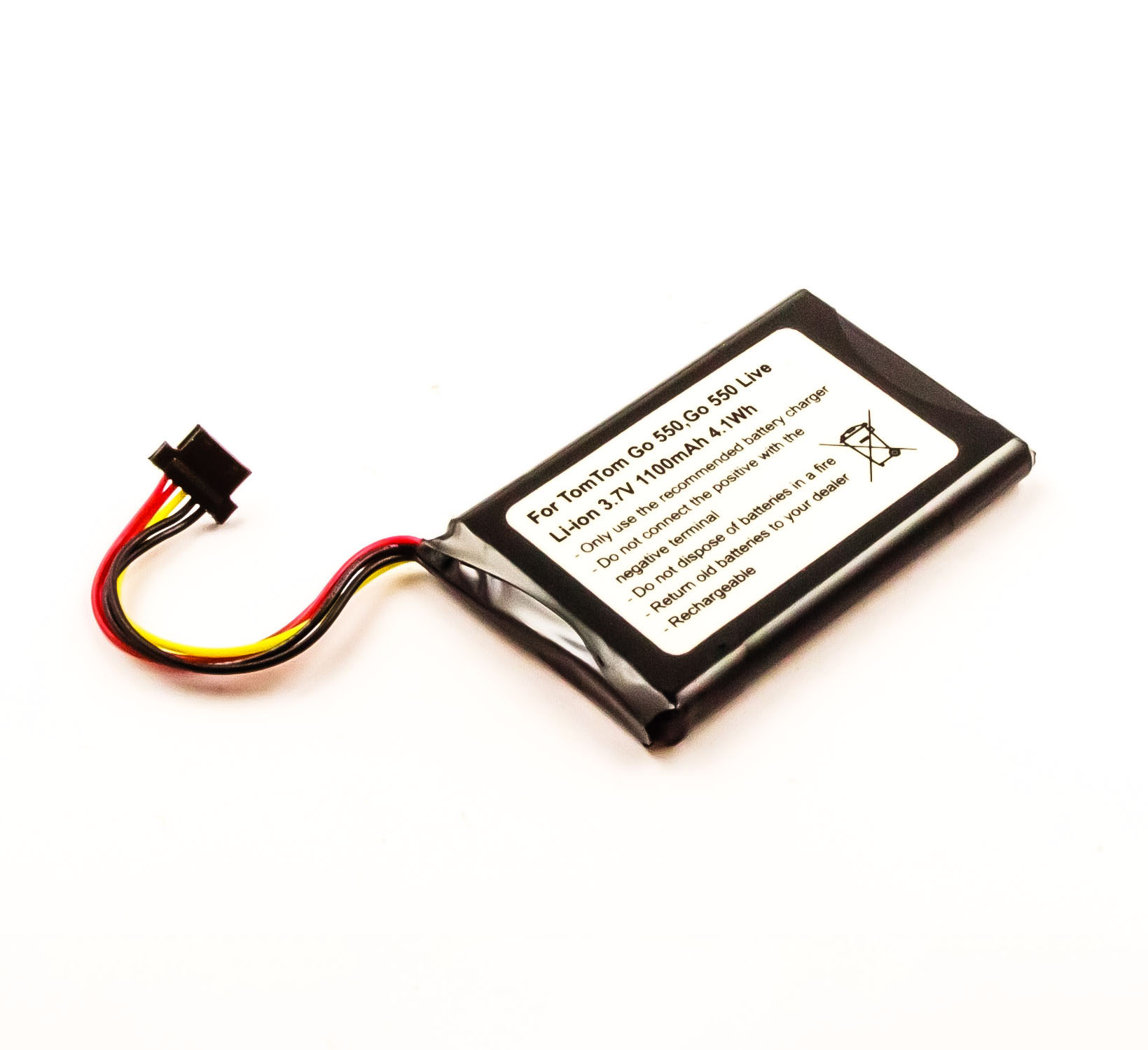 Schwarzer Akku mit Stecker auf weißer Oberfläche. Etikett mit Text und Drähten.