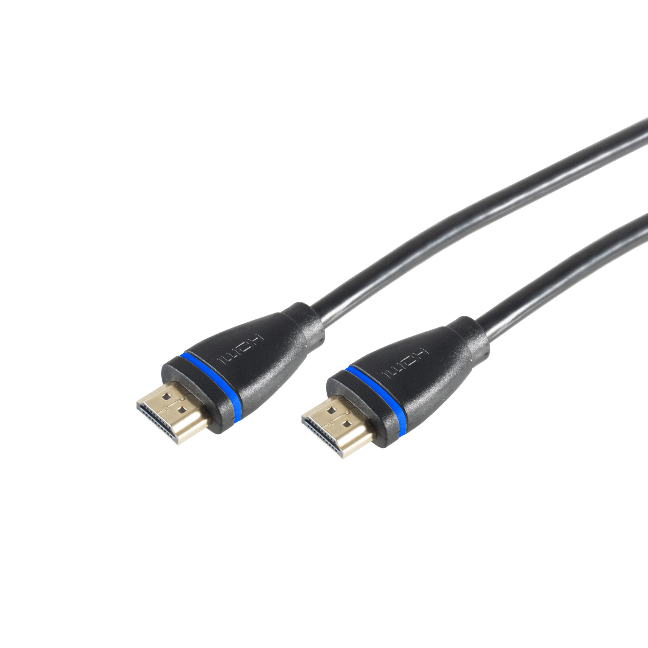 Zwei schwarze HDMI-Kabel mit blauen Akzenten auf den Steckern, weißer Hintergrund.