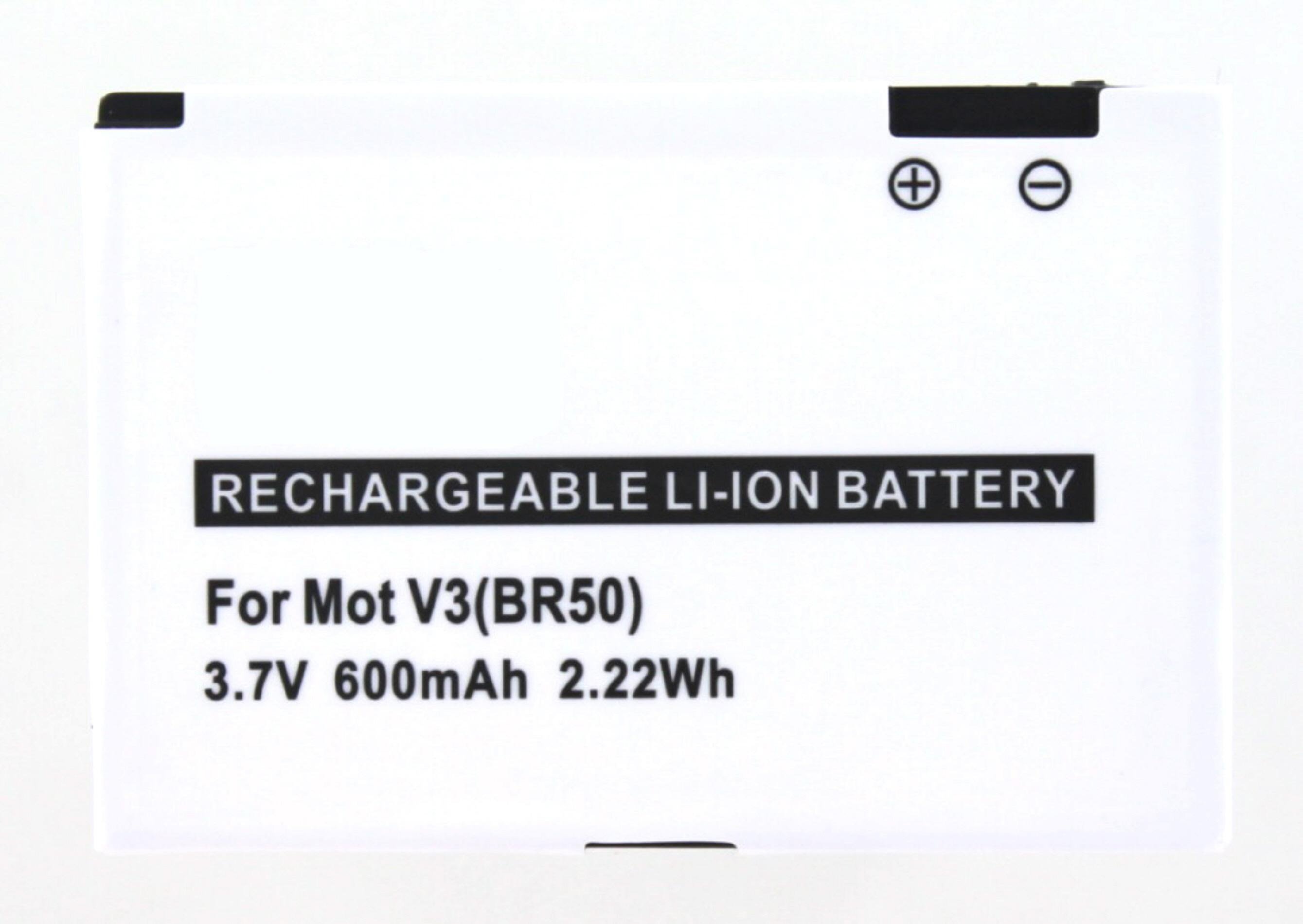 Weißer Akku, Text: WIEDERAUFLADBARER LI-ION-AKKU, Für Mot V3, 3,7 V 600 mAh.