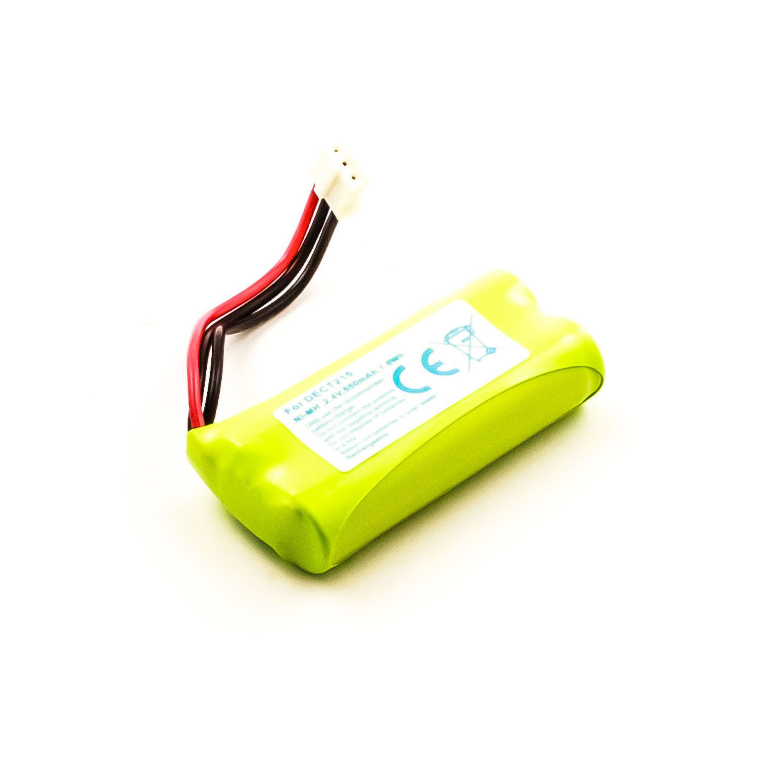 Eine grüne Batterie mit roten und schwarzen Drähten auf weißem Grund. Ein CE-Label auf der Oberfläche.