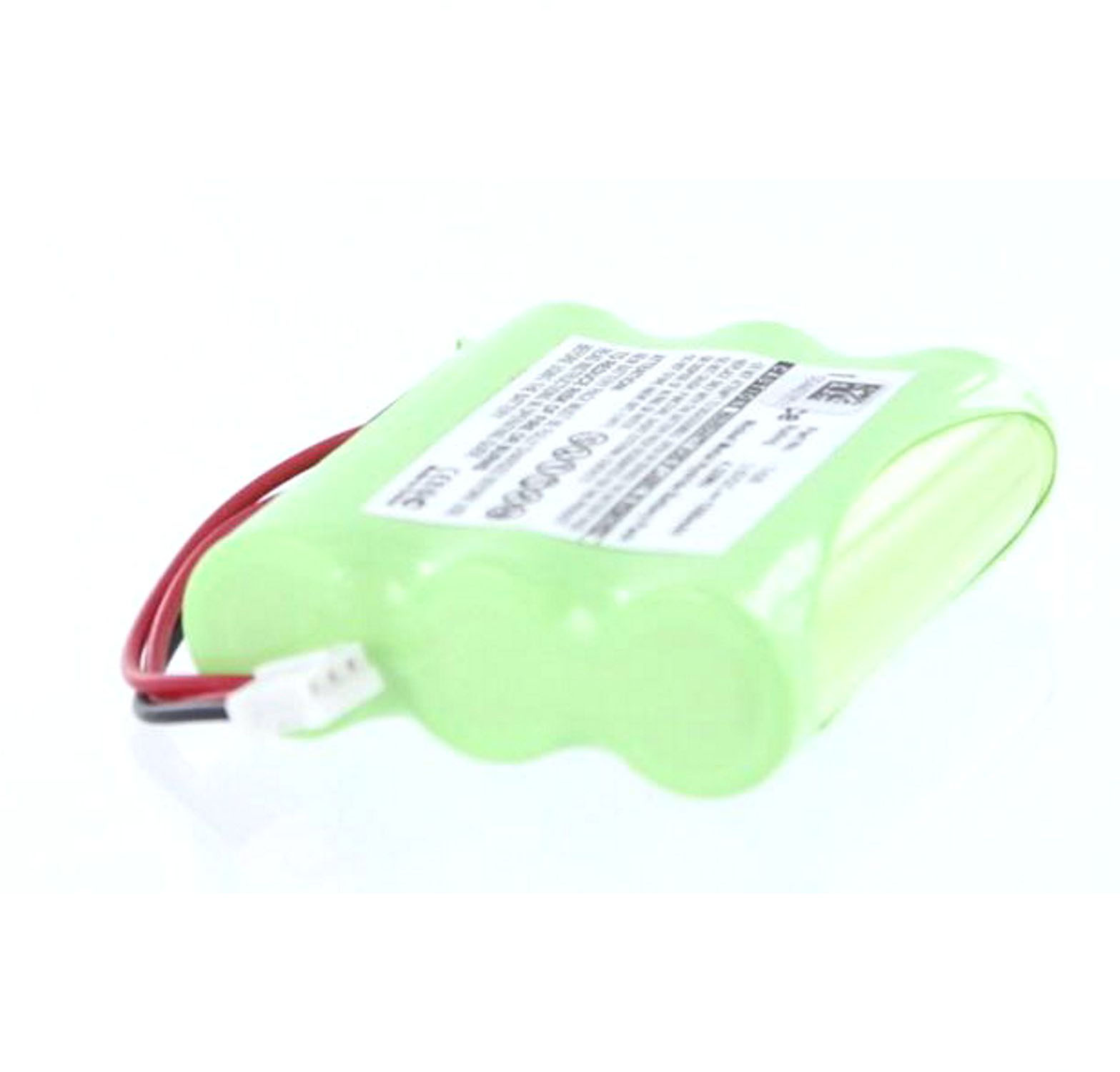 Ein hellgrüner Akku mit Text und einem weißen Stecker. Weißer Hintergrund.
