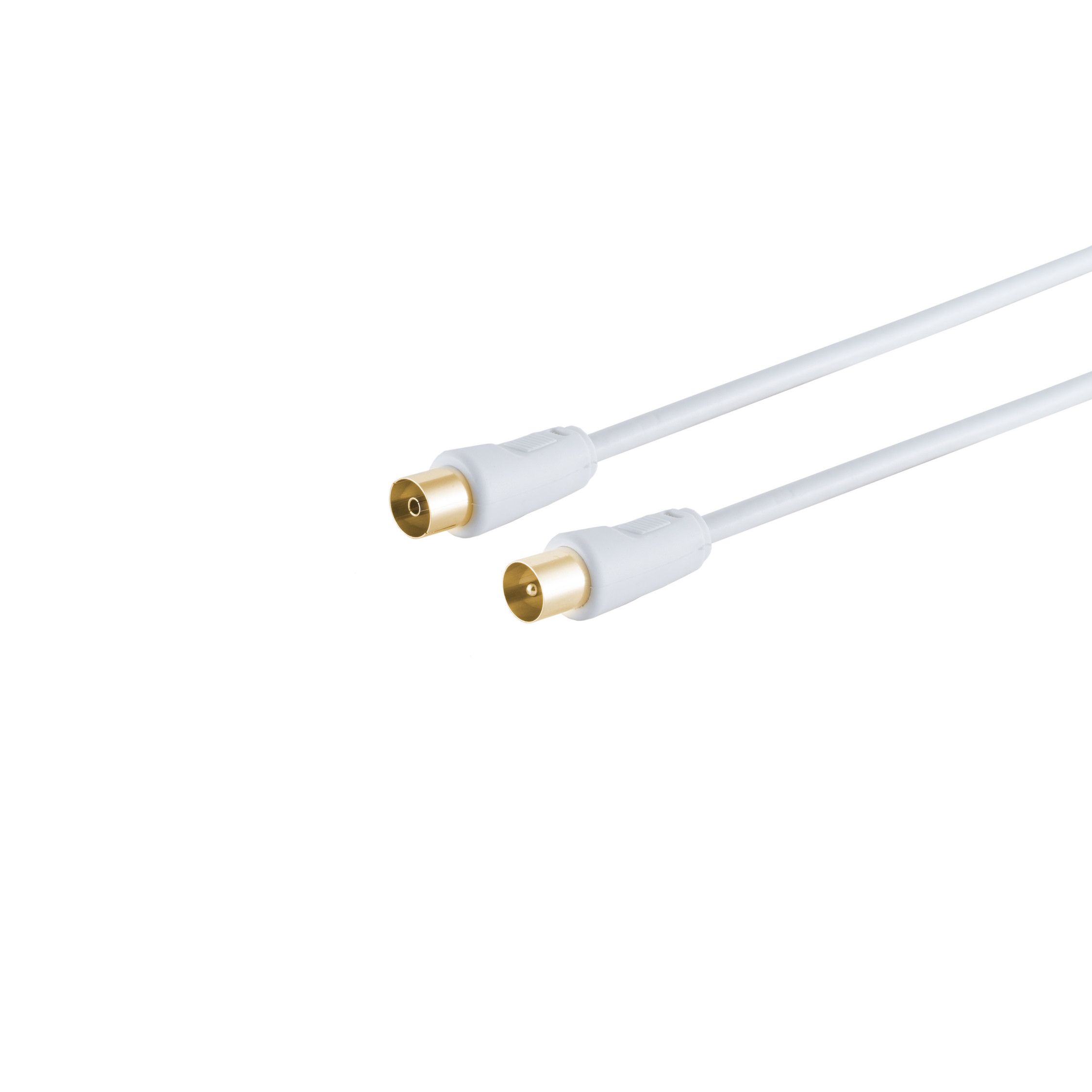 Zwei weiße Koaxialkabel mit goldfarbenen Spitzen auf weißem Hintergrund.