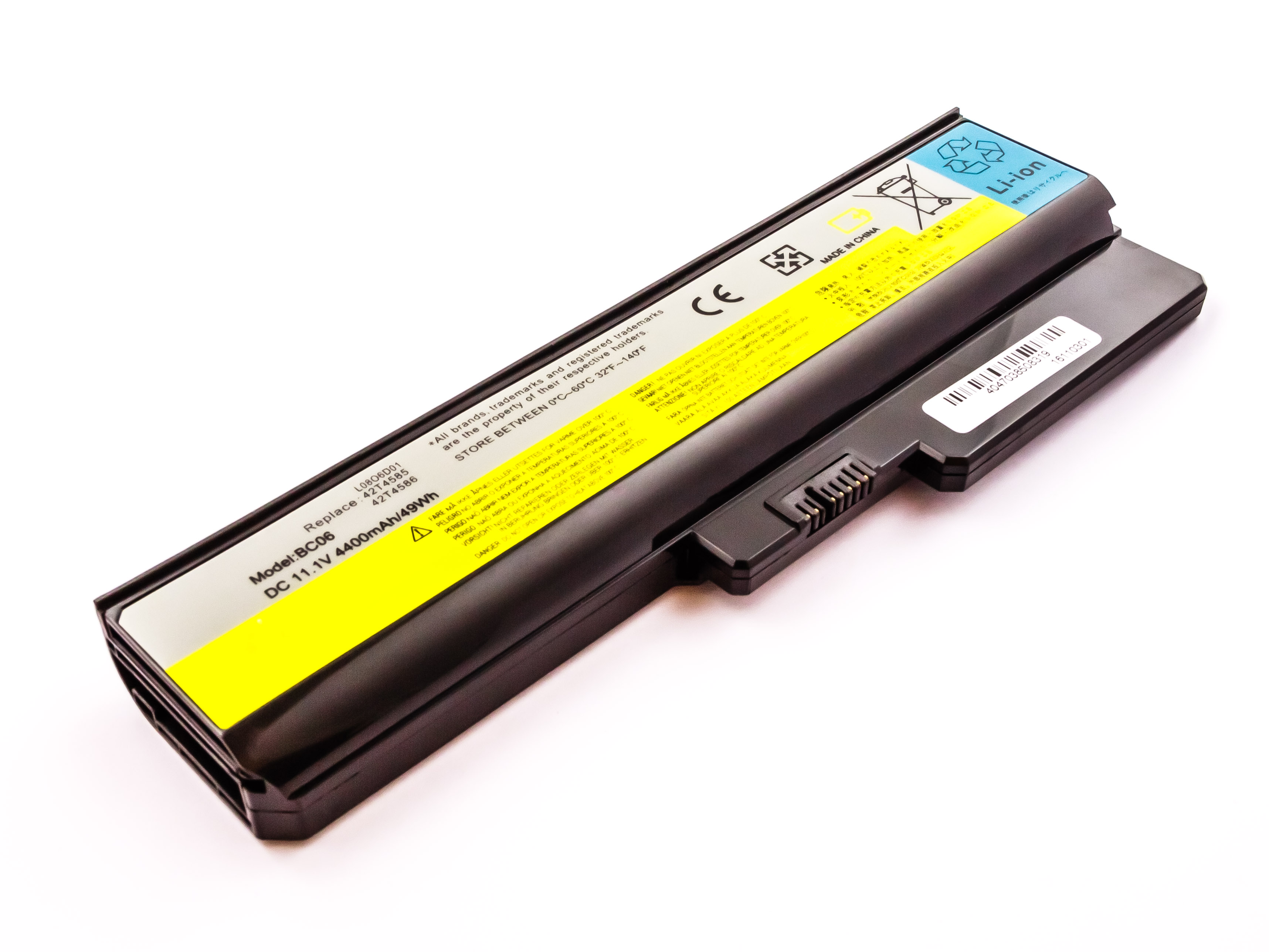 Schwarzer Laptop-Akku mit gelbem und weißem Text und Etiketten auf weißem Untergrund.