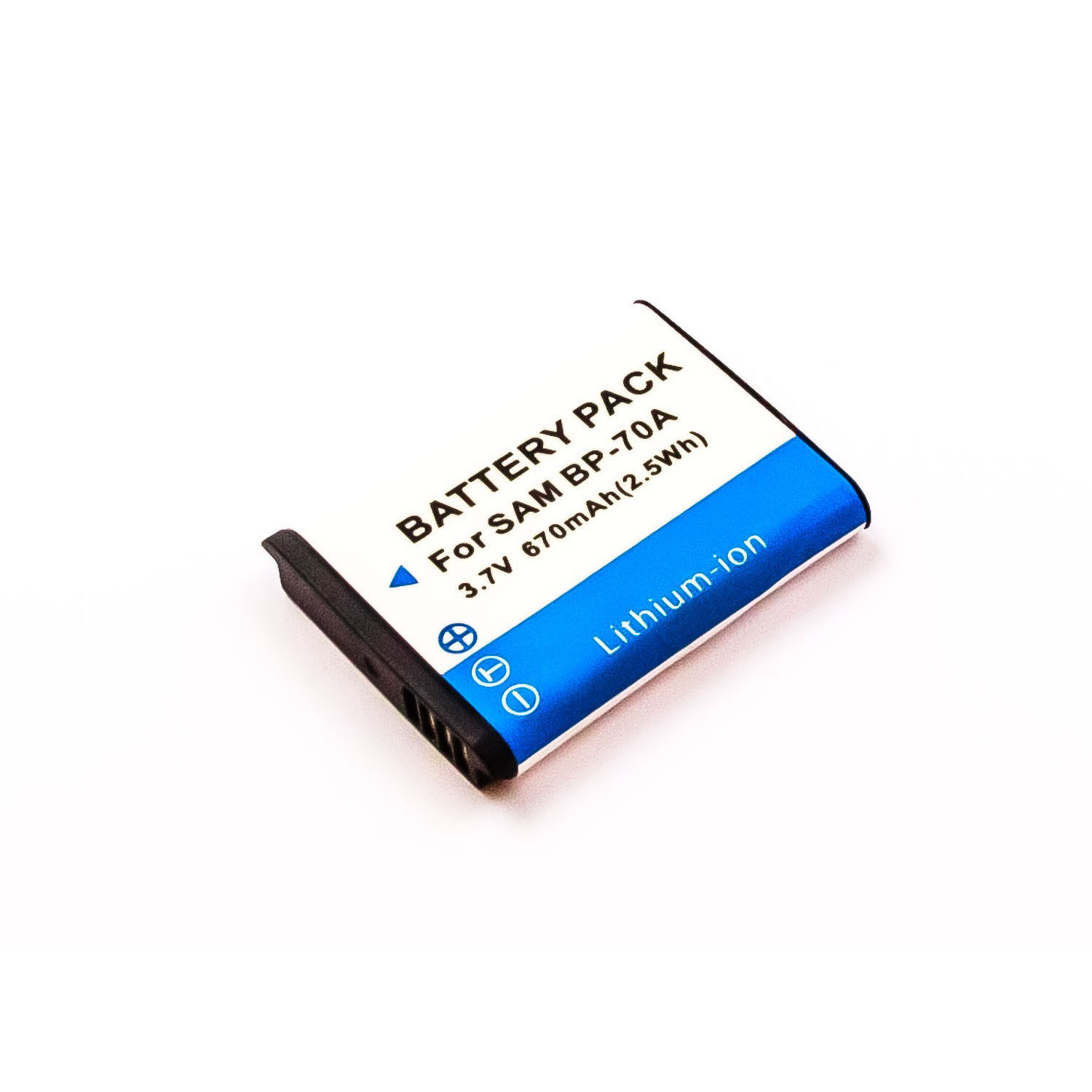 Blau-schwarzes Akku-Pack mit weißem Text. Es trägt die Aufschrift Lithium-ion.