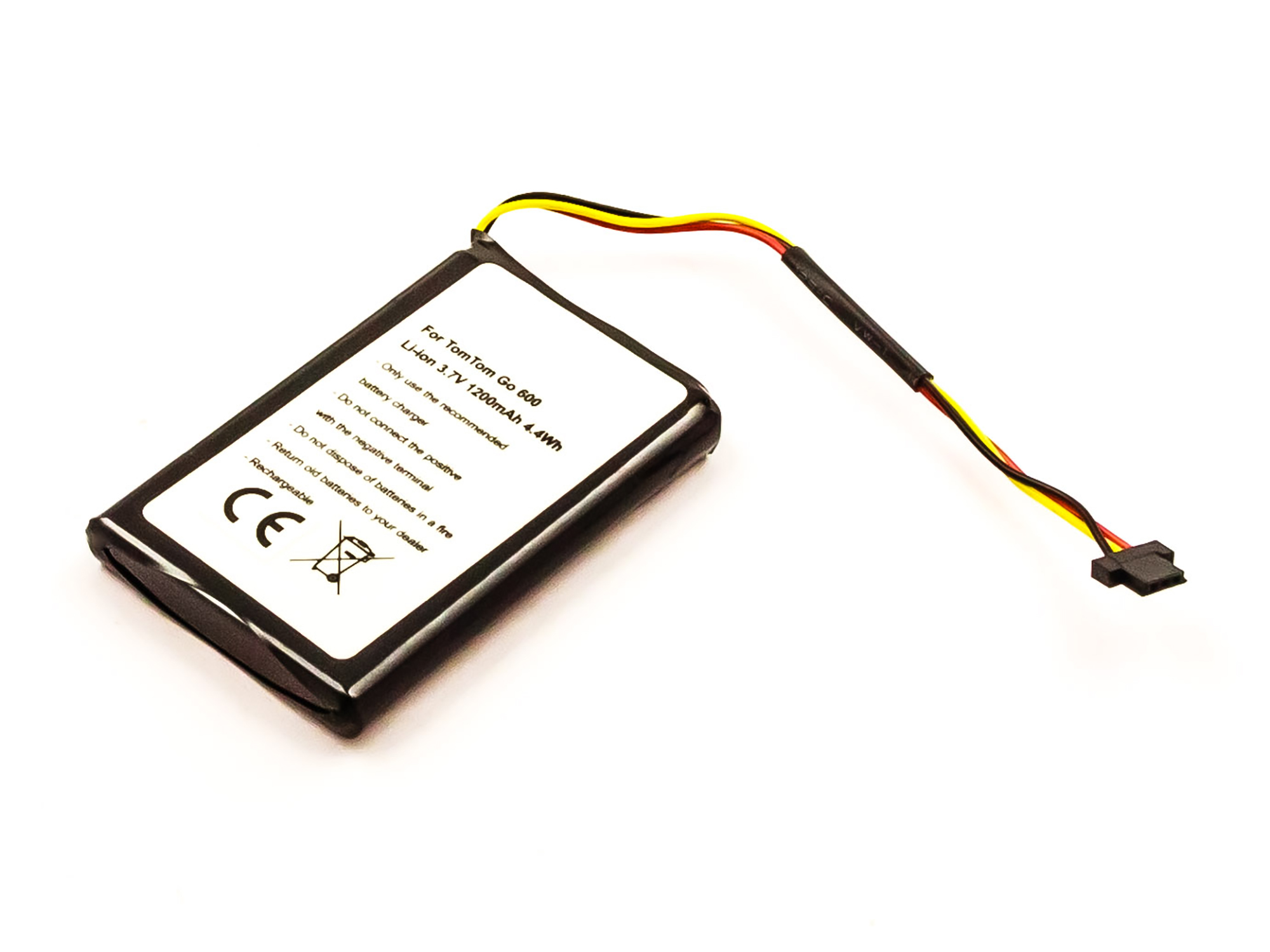 Schwarzer Akku mit Kabel auf weißem Hintergrund. Es hat Text und einen Anschluss.