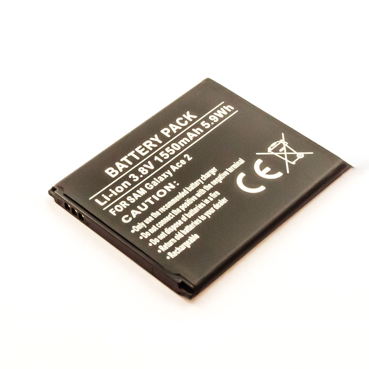 Schwarzes Akkupack auf Weiß. Es steht 'Battery pack' drauf und hat ein Warnschild.