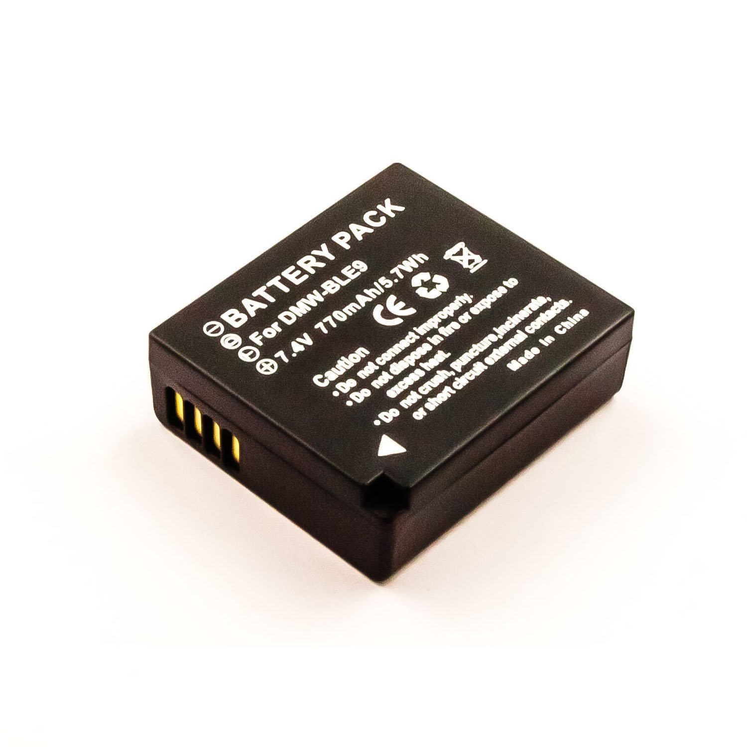Schwarzes Akkupack auf Weiß. Es steht 'Battery Pack' drauf und hat ein Warnschild.